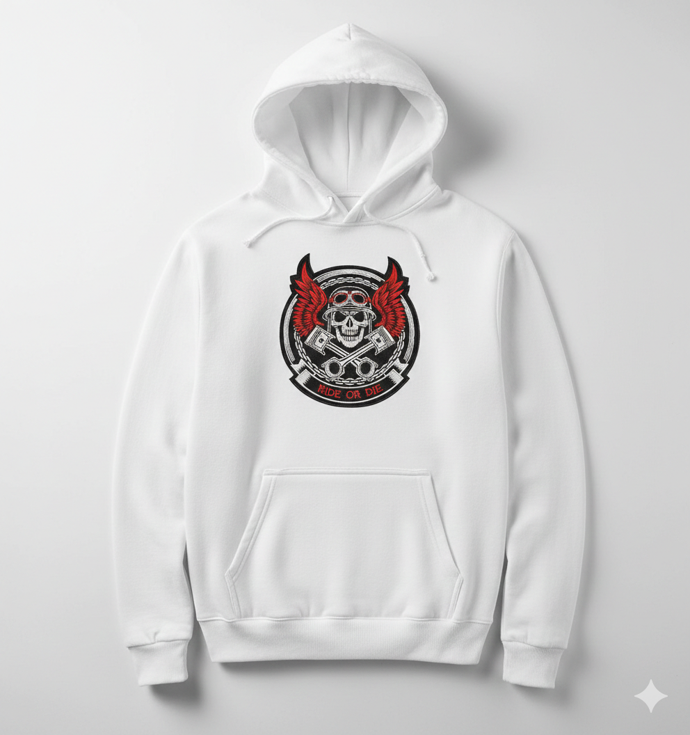 Ride or Die Biker Skull Embroidery Design, Motorcycle Digital File