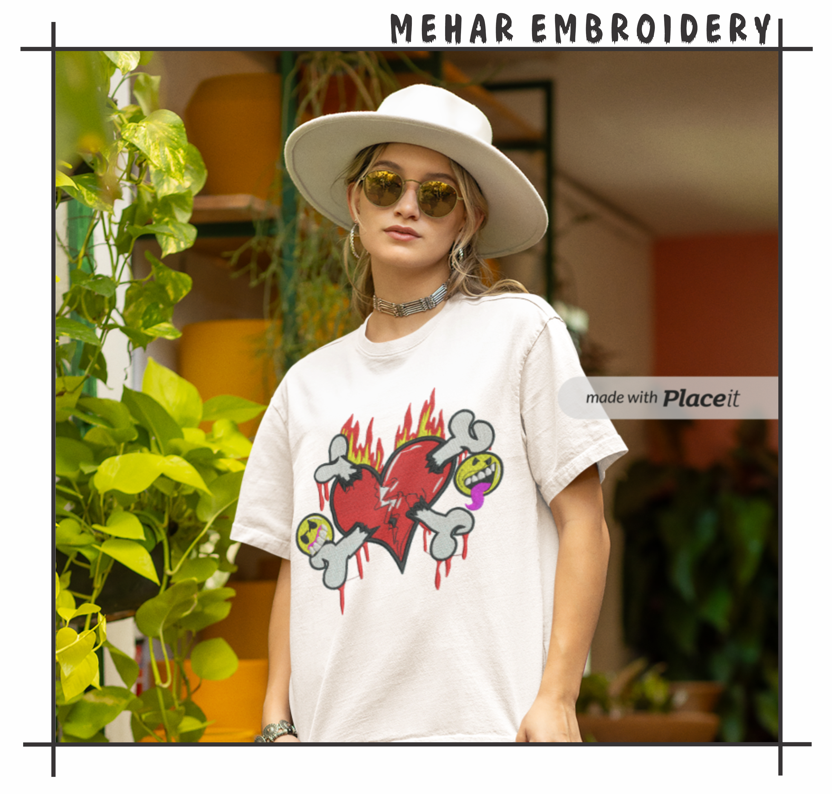 Broken Heart Crossbones Embroidery, Edgy Y2K Streetwear Art, 8 Formats Digital Download