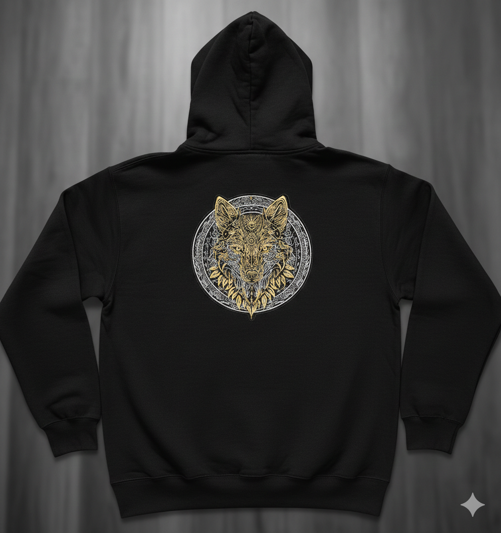 Large Wolf Embroidery Design – Gold & Black Biker Applique (Digital Download)