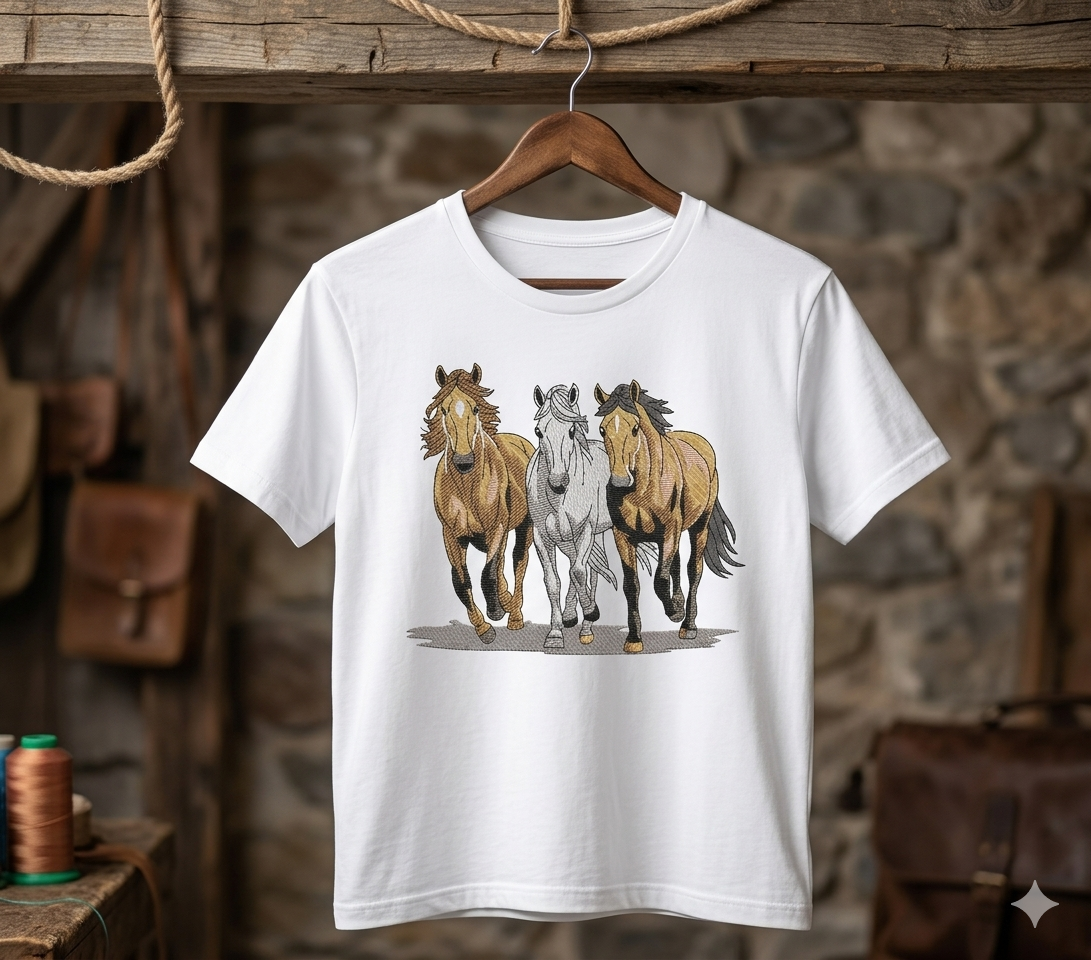 Three Horses Running Design | Wild Horse Machine Embroidery | Galloping Stallions File | Nature & Animal Embroidery