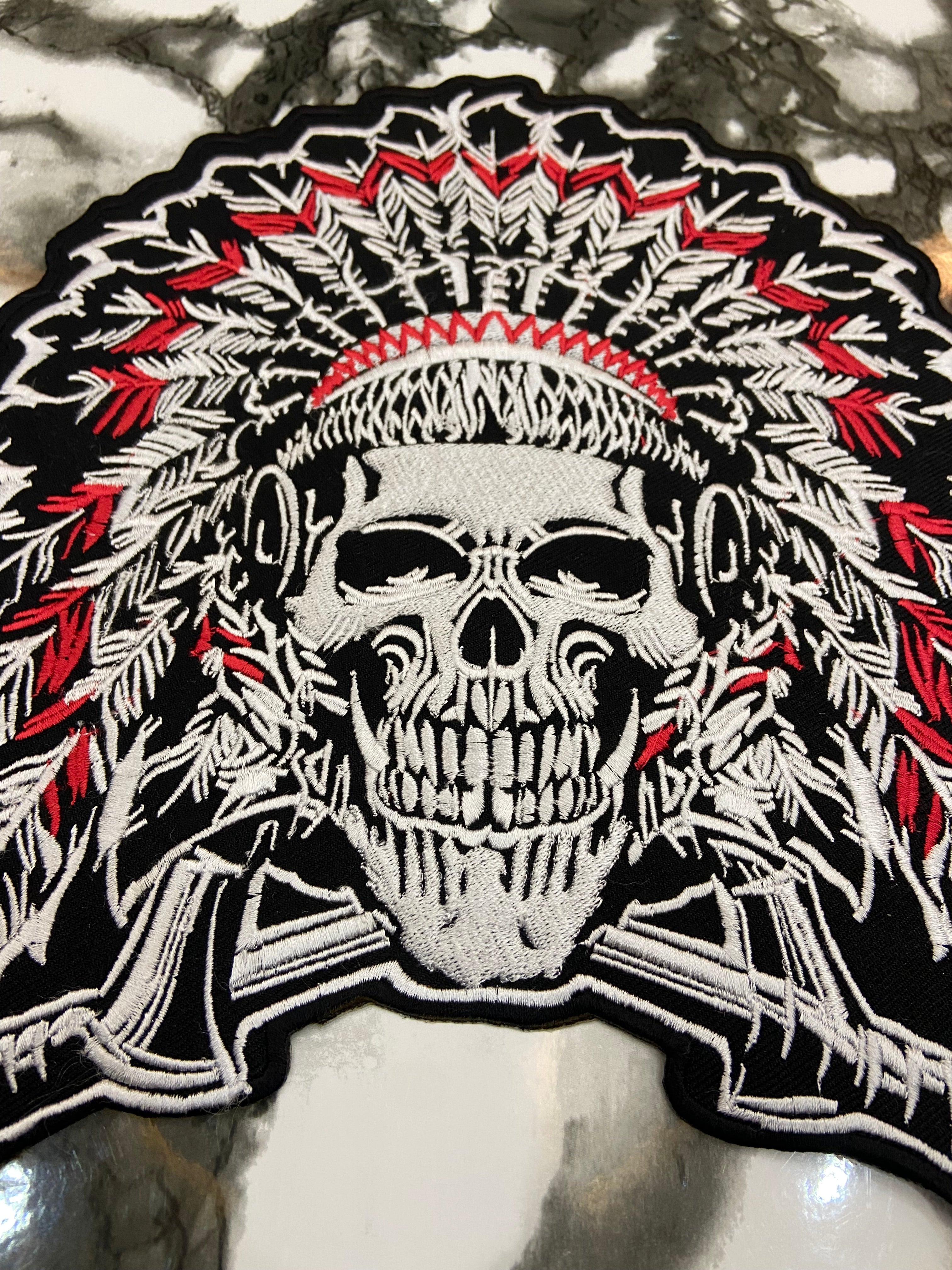 Native American Skull Headdress Large Back Patch – Tribal Warrior Biker Applique