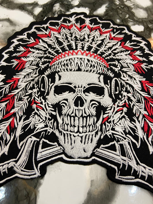 Native American Skull Headdress Large Back Patch – Tribal Warrior Biker Applique