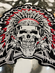Native American Skull Headdress Large Back Patch – Tribal Warrior Biker Applique