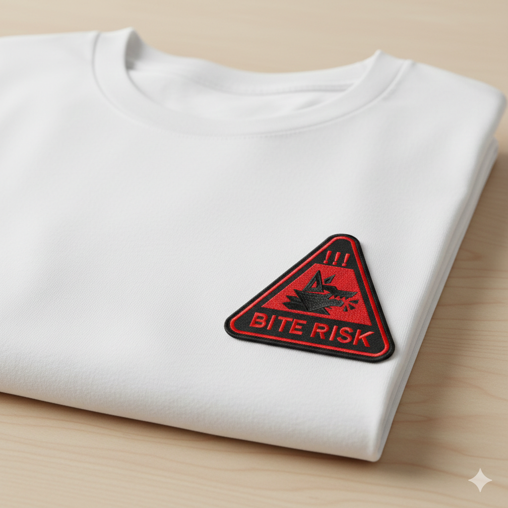 Bite Risk Wolf Warning Machine Embroidery Design – Triangle Patch Motif in 8 Sizes and Multiple Formats