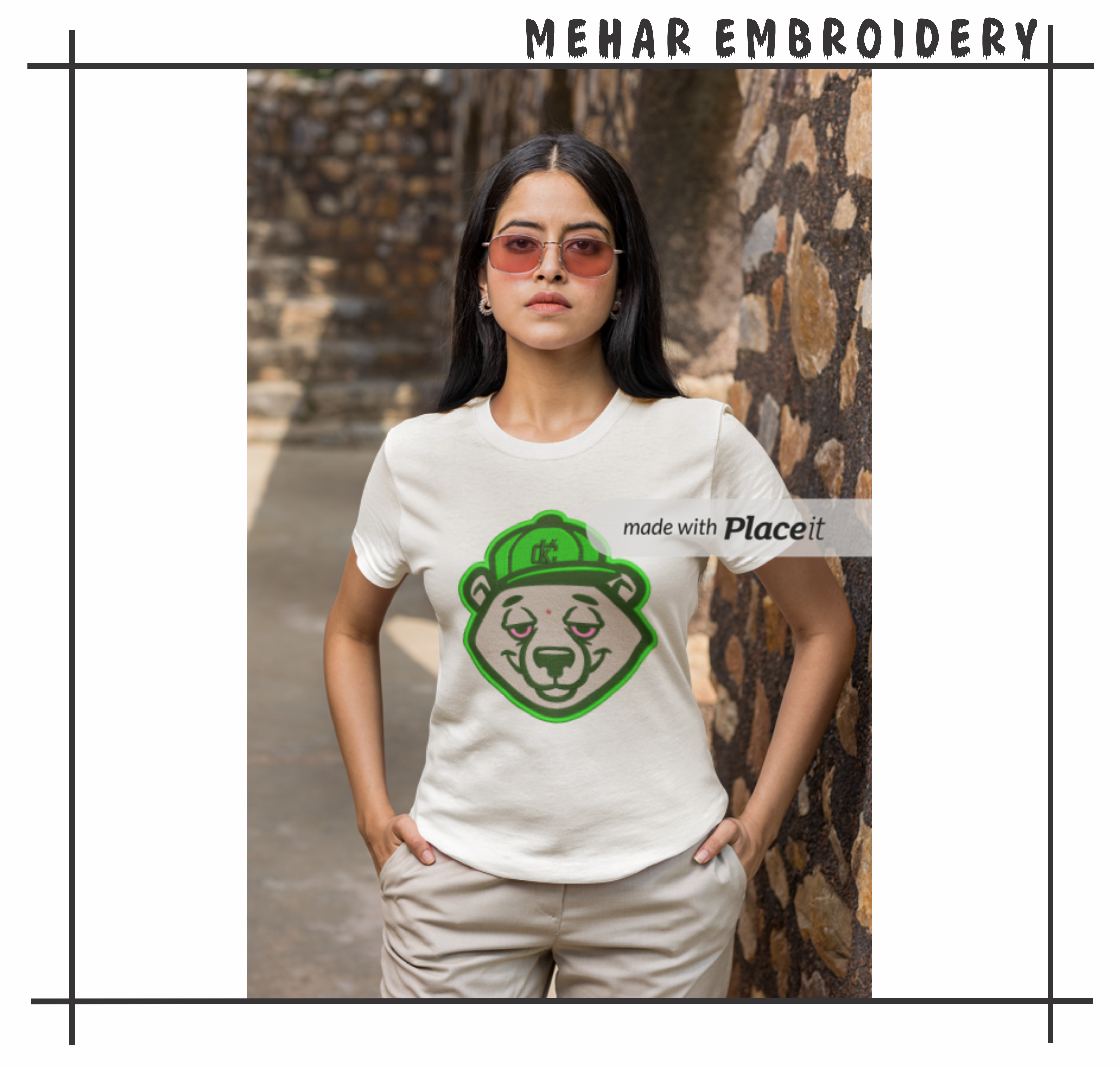 Streetwear Bear Green Hat Embroidery Design, 8 Sizes & 8 Formats