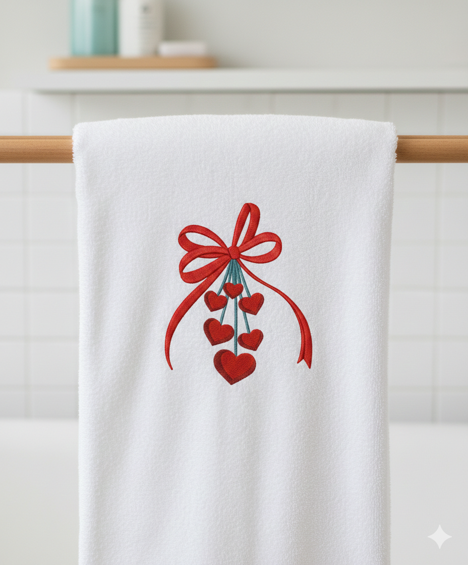 Valentine’s Day Ribbon Bow with Dangling Hearts – Machine Embroidery Design