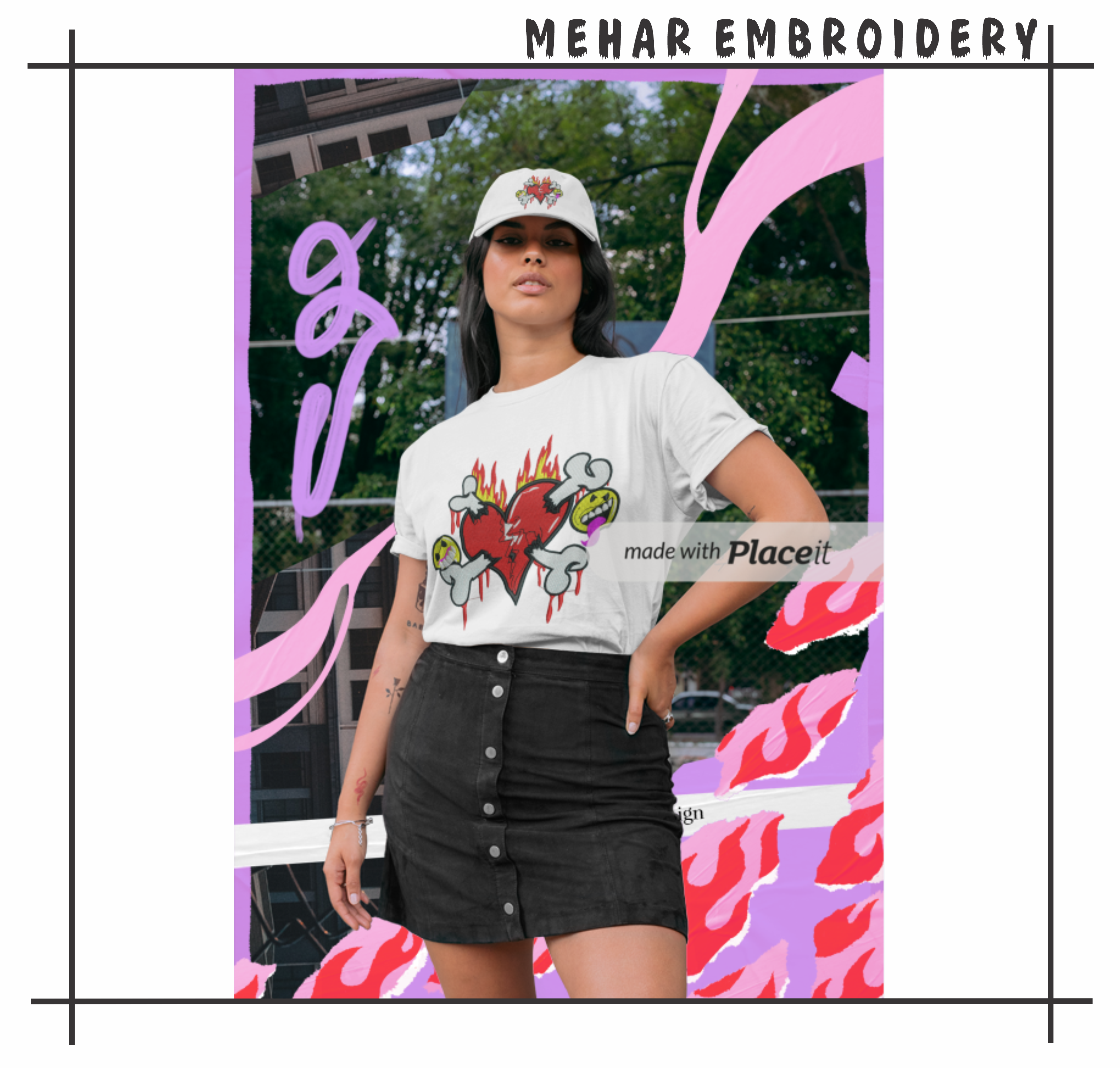 Broken Heart Crossbones Embroidery, Edgy Y2K Streetwear Art, 8 Formats Digital Download
