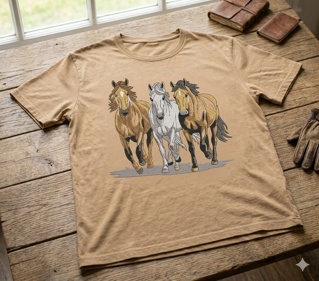 Three Horses Running Design | Wild Horse Machine Embroidery | Galloping Stallions File | Nature & Animal Embroidery