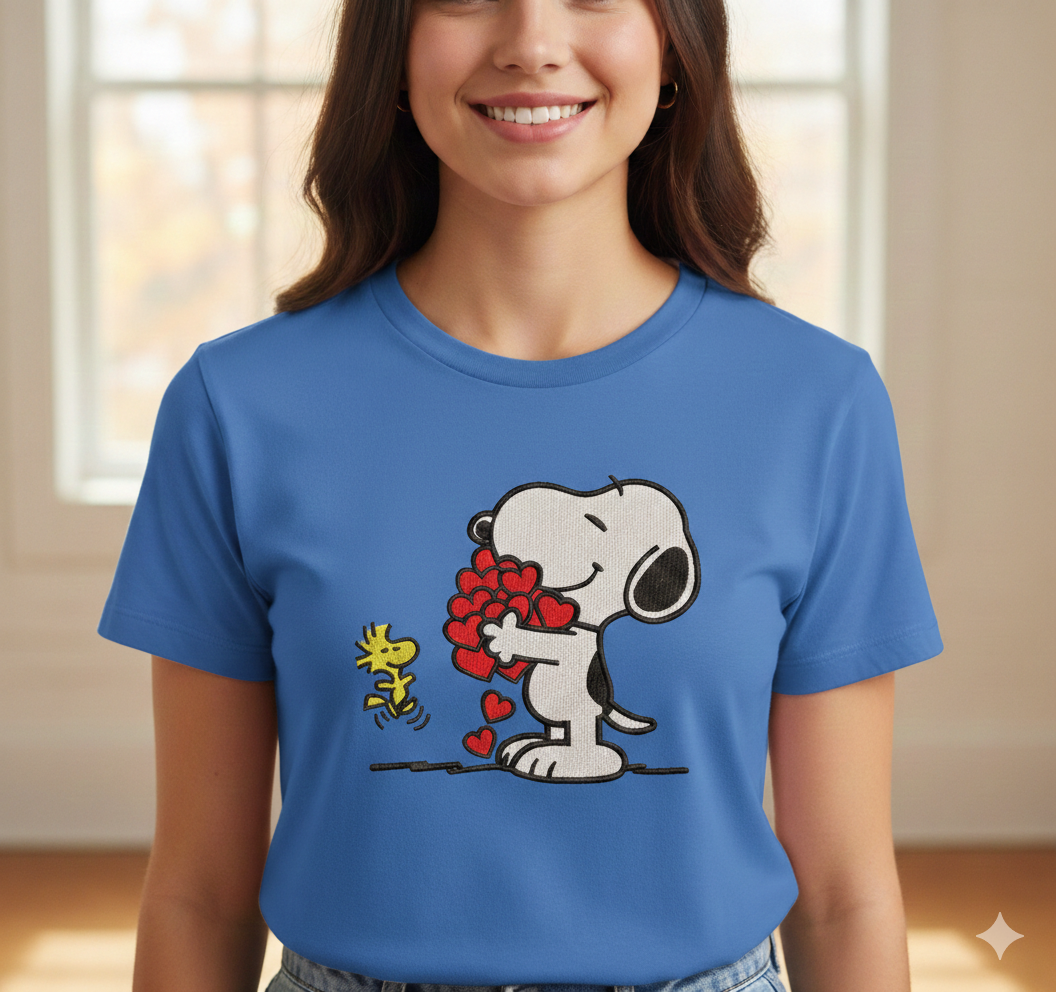 Snoopy Hearts Embroidery Design, Valentine Machine Embroidery File, Dog & Bird Instant Download