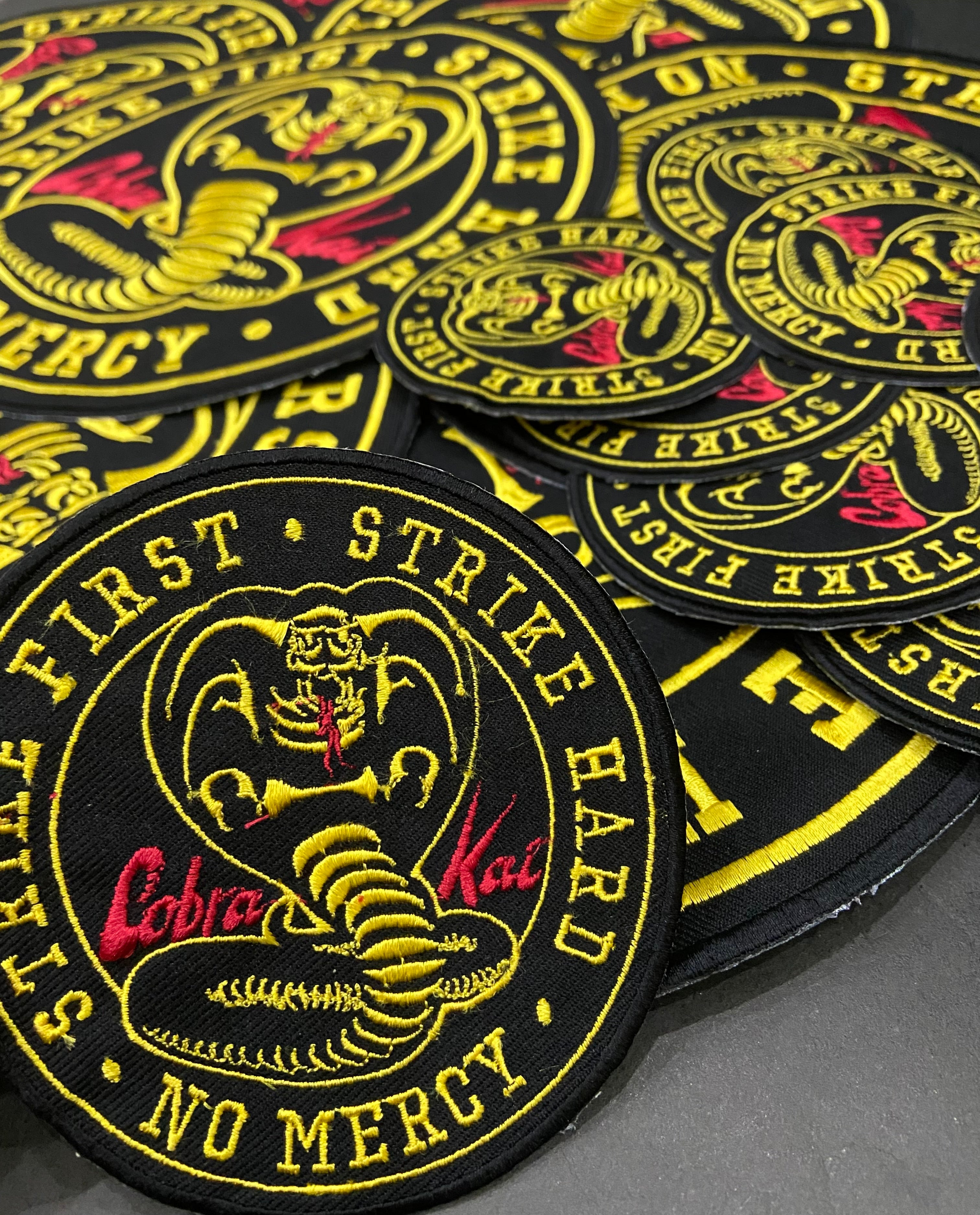 Cobra Kai Karate Motto Patch – Strike First Strike Hard No Mercy – Large Embroidered Applique