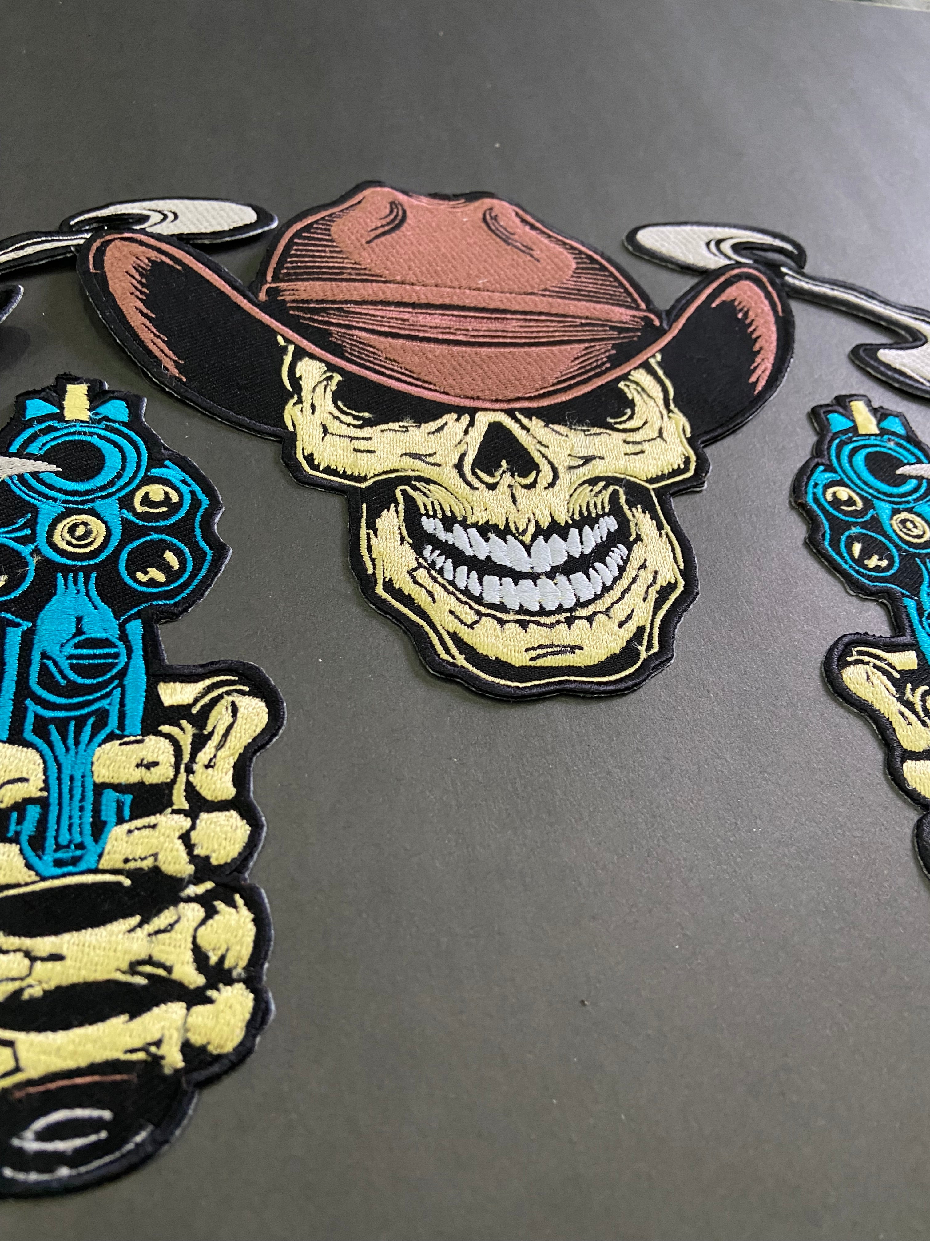 Outlaw Cowboy Skull Back Patch | Double Revolvers & Smoking Barrels | 12-Inch Custom Biker Vest Set