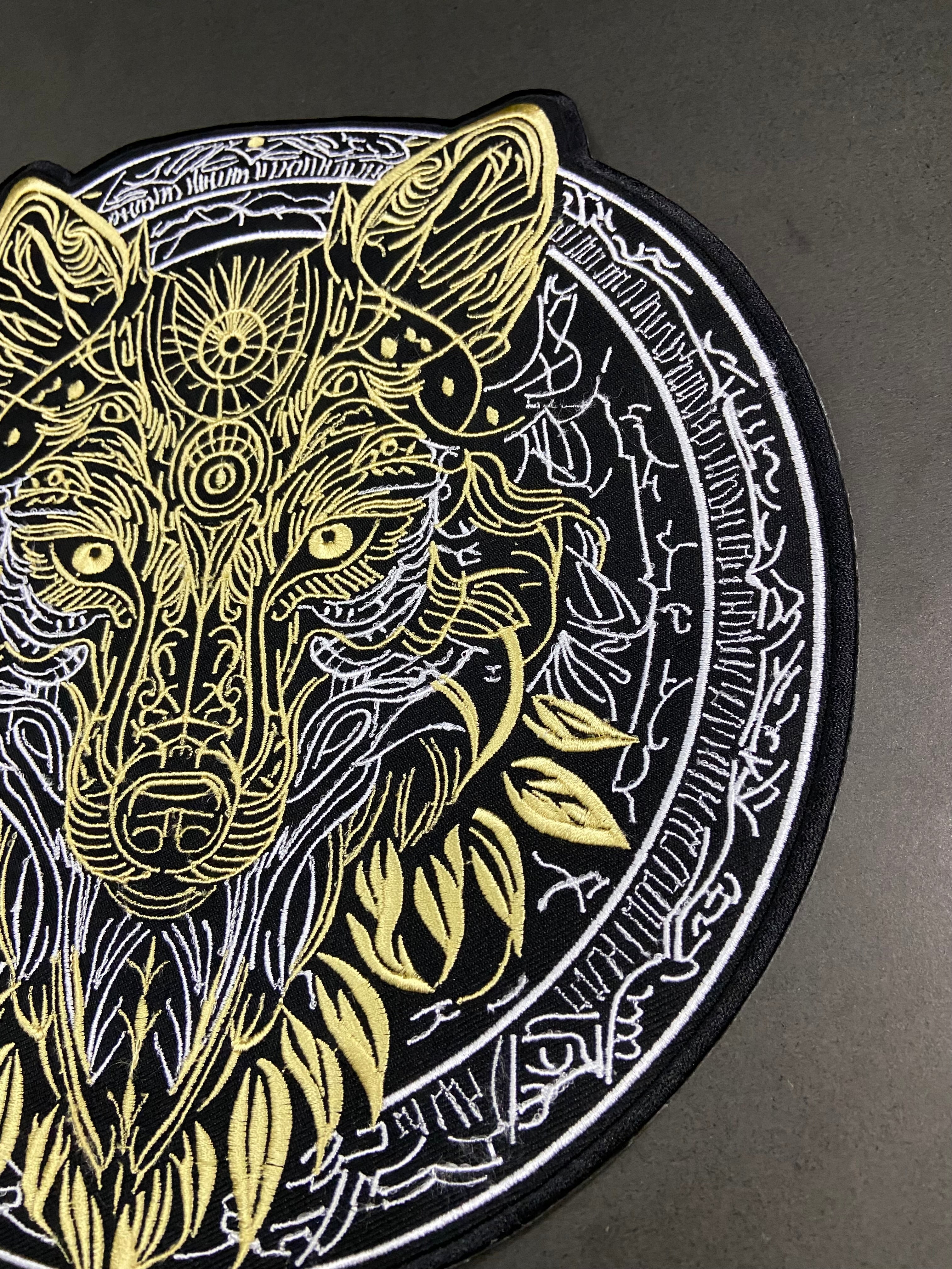 Golden & Grey Wolf Large Back Patch | Antique Style Biker & Sigil Emblem