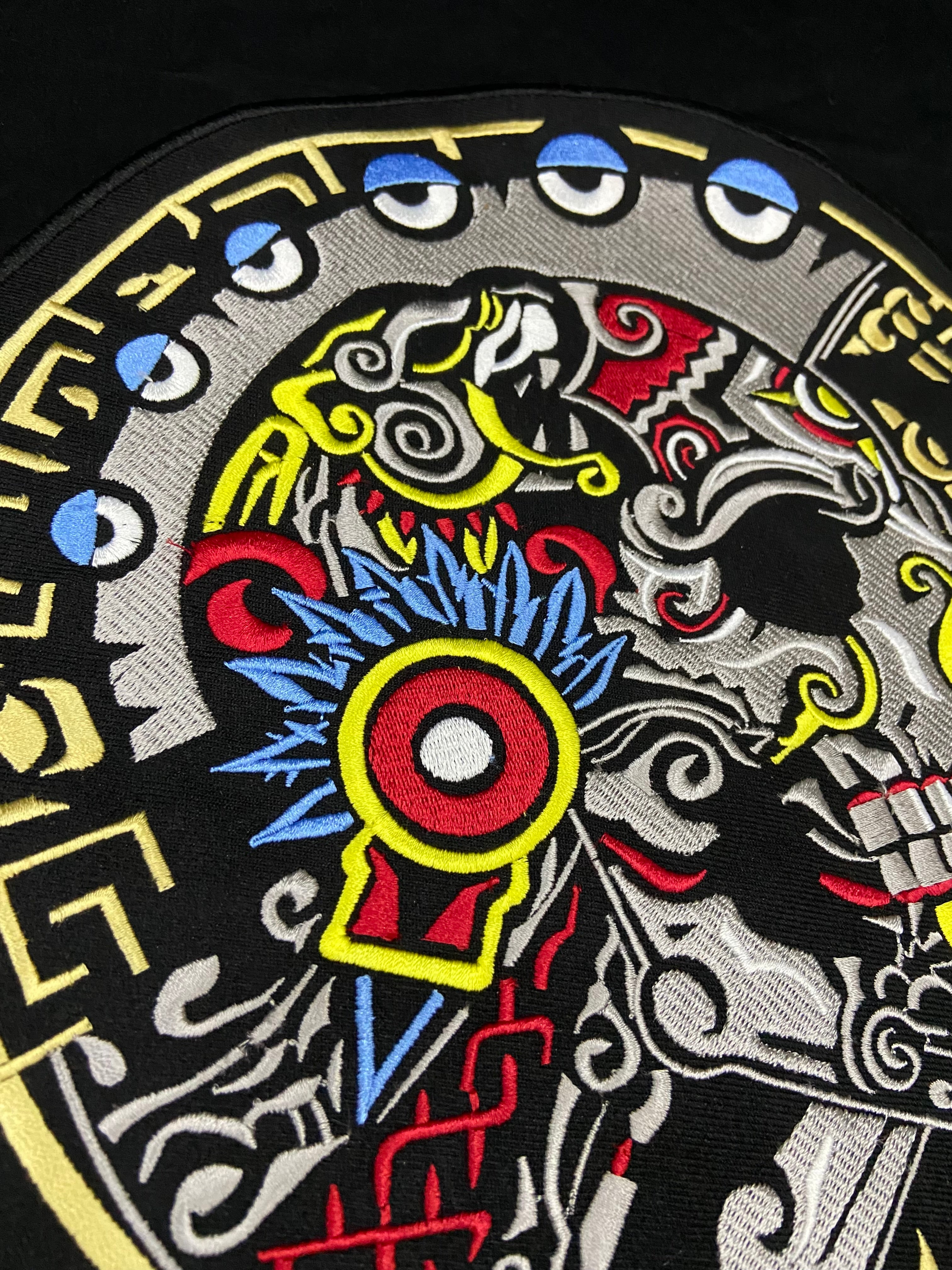 Warrior Skull Patch | 12 Inch Aztec Calavera Embroidery | Tribal & Folk Art Applique