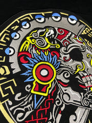 Warrior Skull Patch | 12 Inch Aztec Calavera Embroidery | Tribal & Folk Art Applique