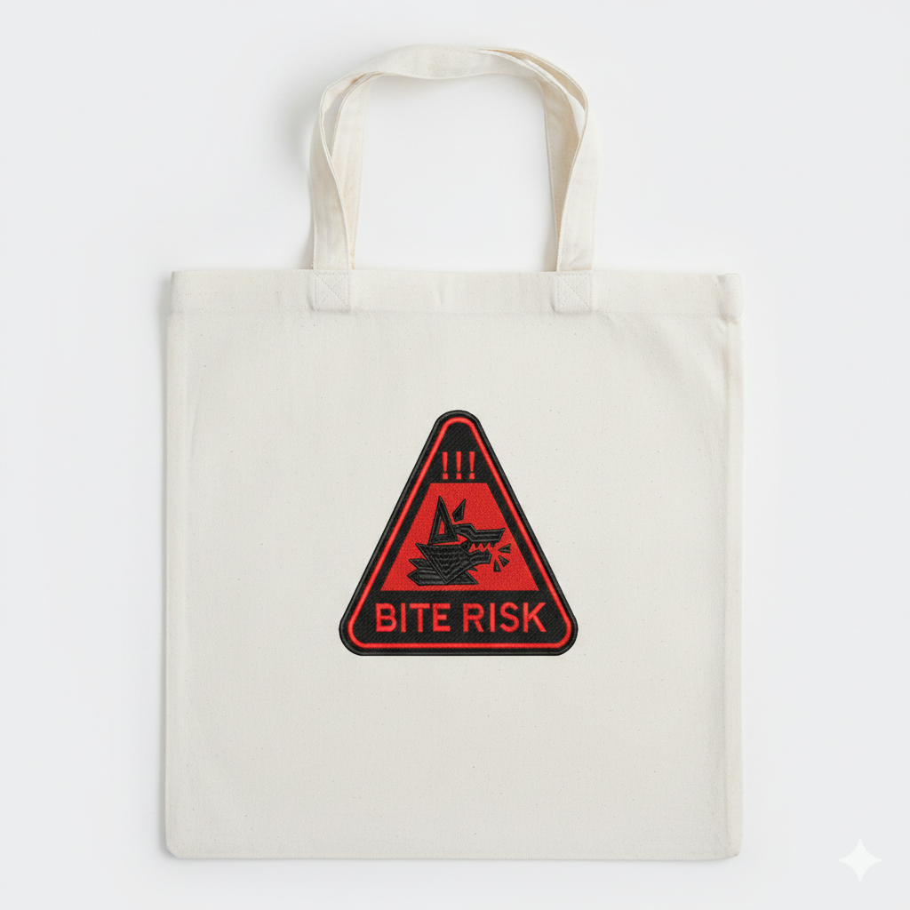 Bite Risk Wolf Warning Machine Embroidery Design – Triangle Patch Motif in 8 Sizes and Multiple Formats