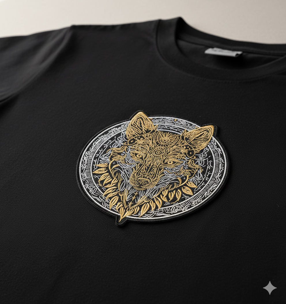 Large Wolf Embroidery Design – Gold & Black Biker Applique (Digital Download)