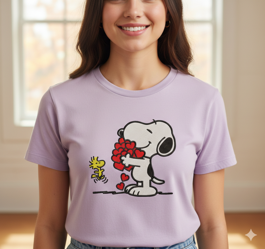 Snoopy Hearts Embroidery Design, Valentine Machine Embroidery File, Dog & Bird Instant Download