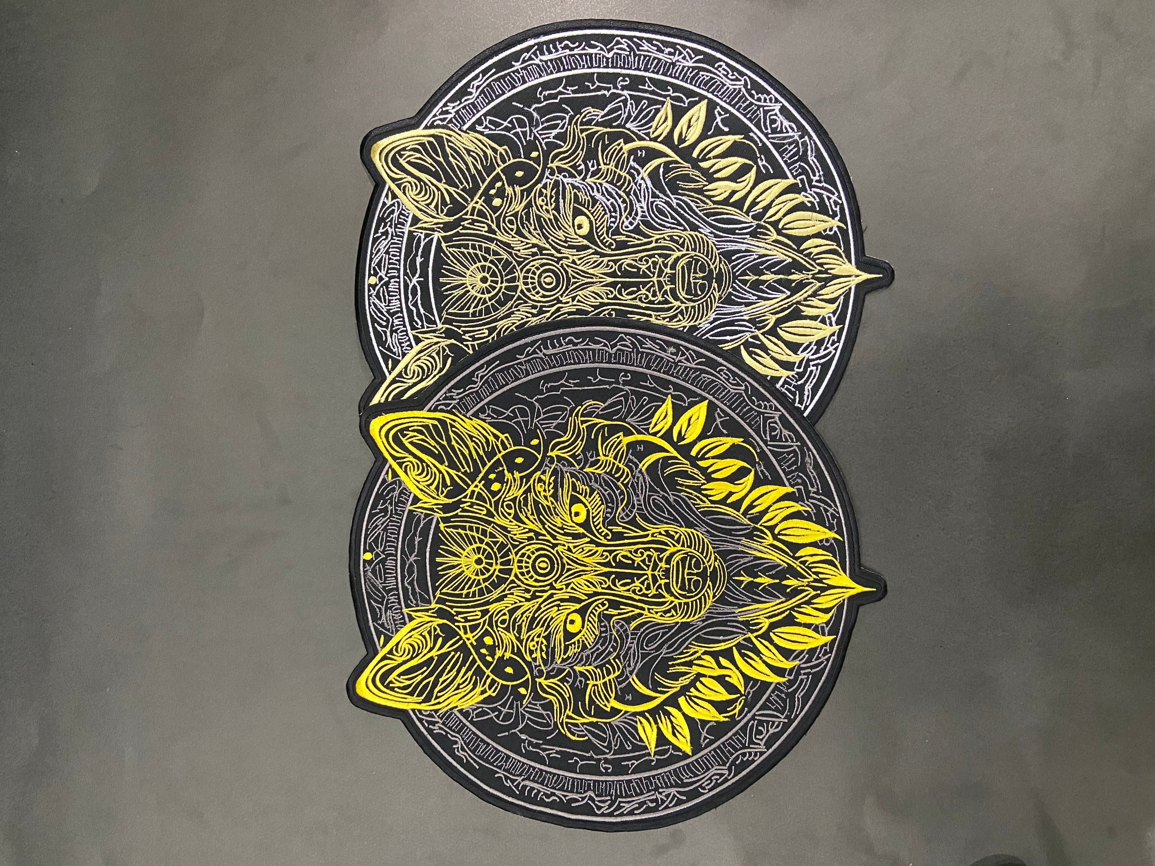 Golden & Grey Wolf Large Back Patch | Antique Style Biker & Sigil Emblem