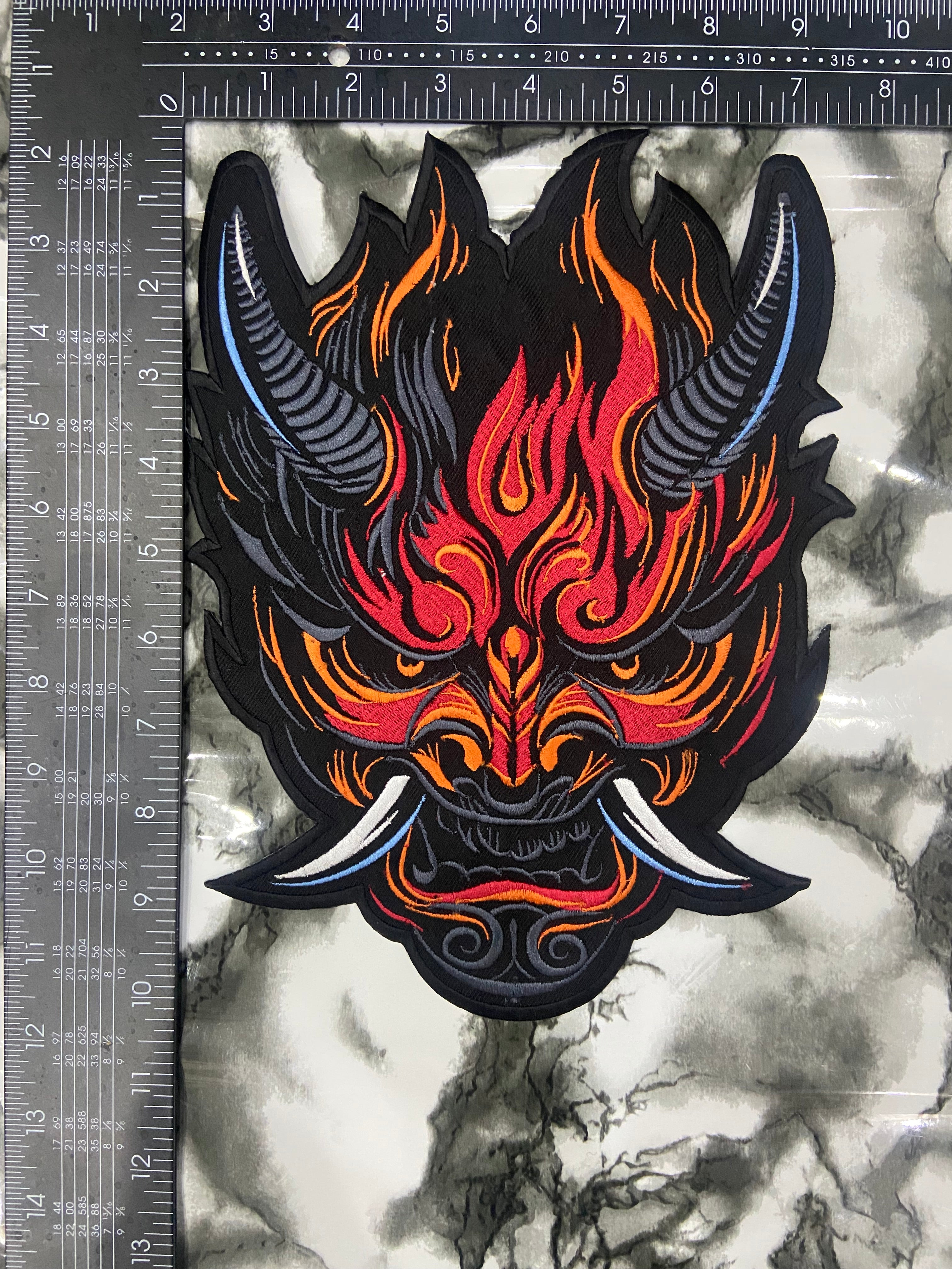 Cyberpunk Oni Fire Large Back Patch – Futuristic Streetwear Applique