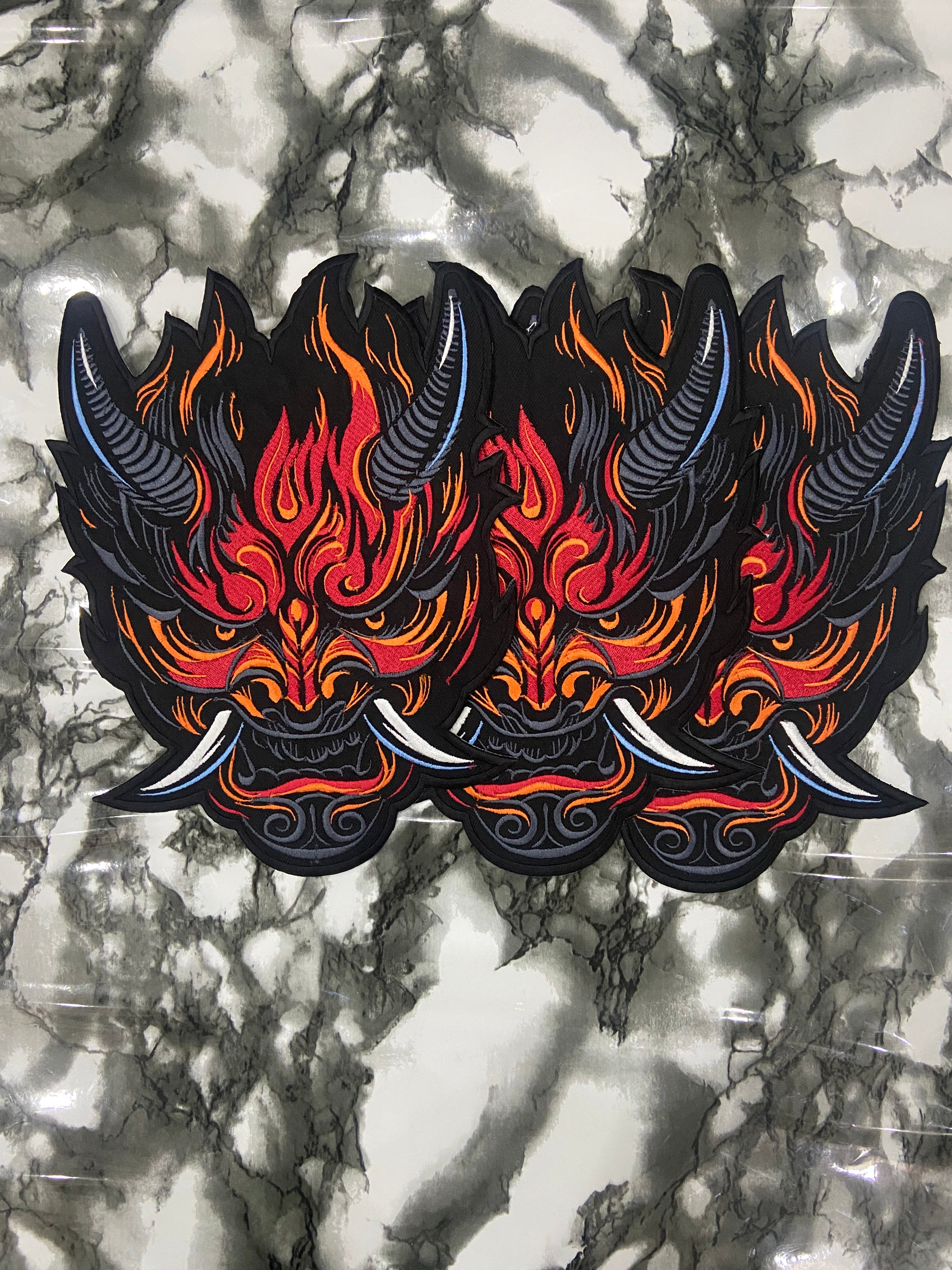 Cyberpunk Oni Fire Large Back Patch – Futuristic Streetwear Applique