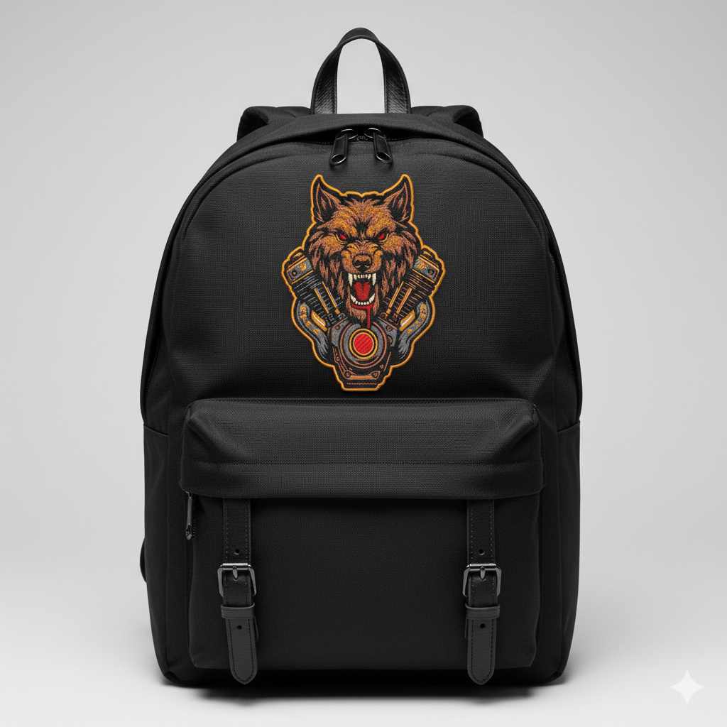 Howling Wolf Engine Embroidery Design – Biker Vest File (8 Sizes, 8 Formats) (Digital Download)