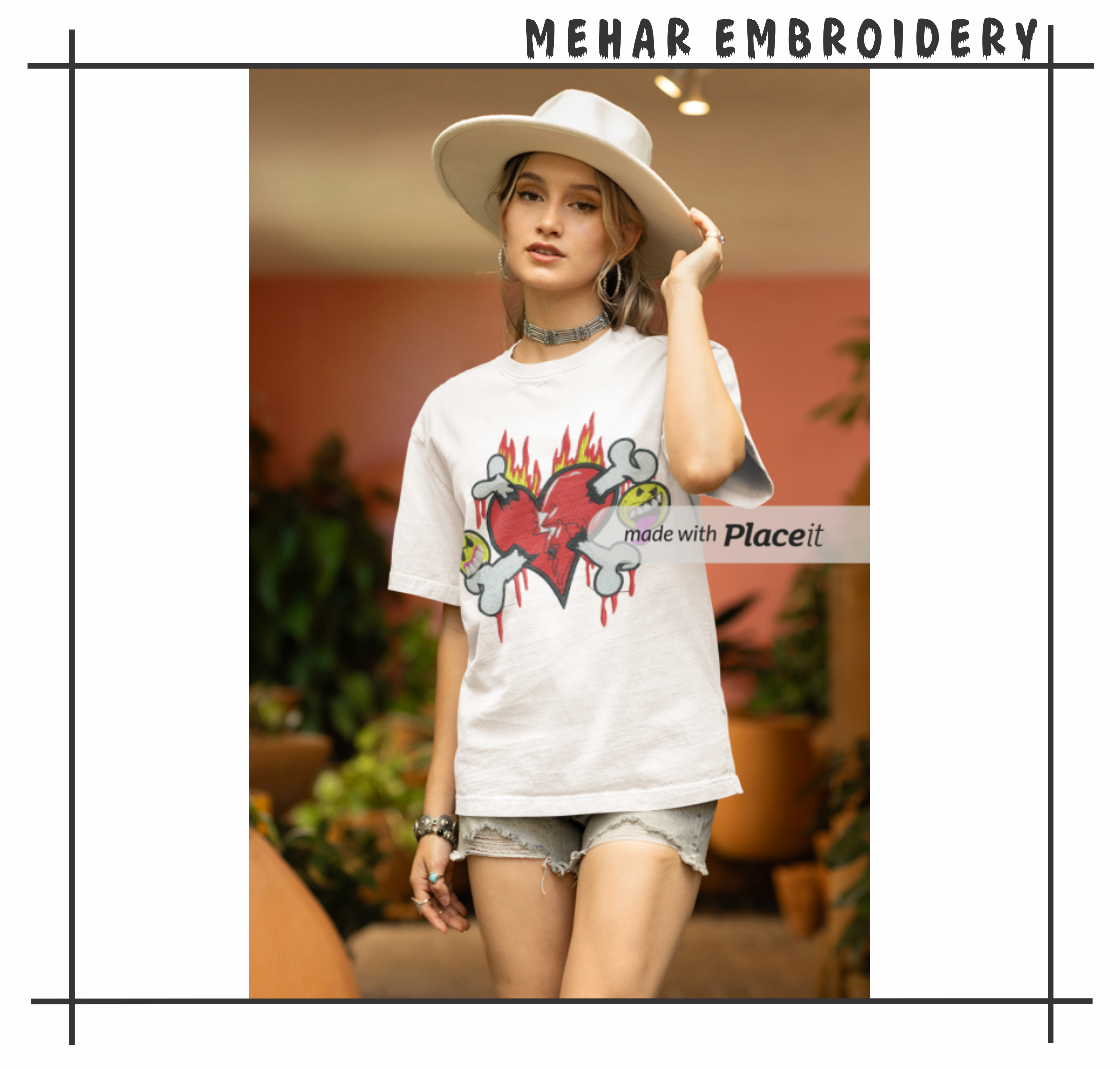 Broken Heart Crossbones Embroidery, Edgy Y2K Streetwear Art, 8 Formats Digital Download