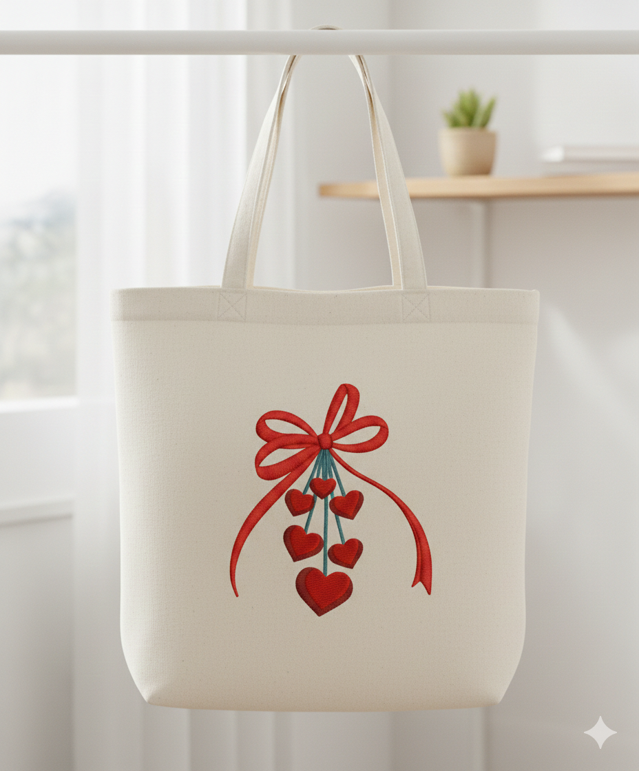 Valentine’s Day Ribbon Bow with Dangling Hearts – Machine Embroidery Design