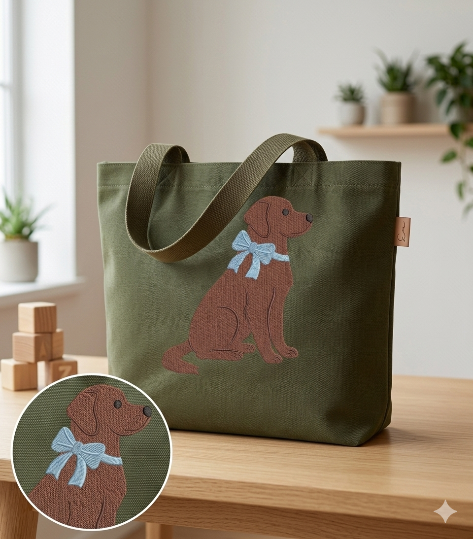 Chocolate Labrador Embroidery Design – Dog with Blue Bow (Digital File)