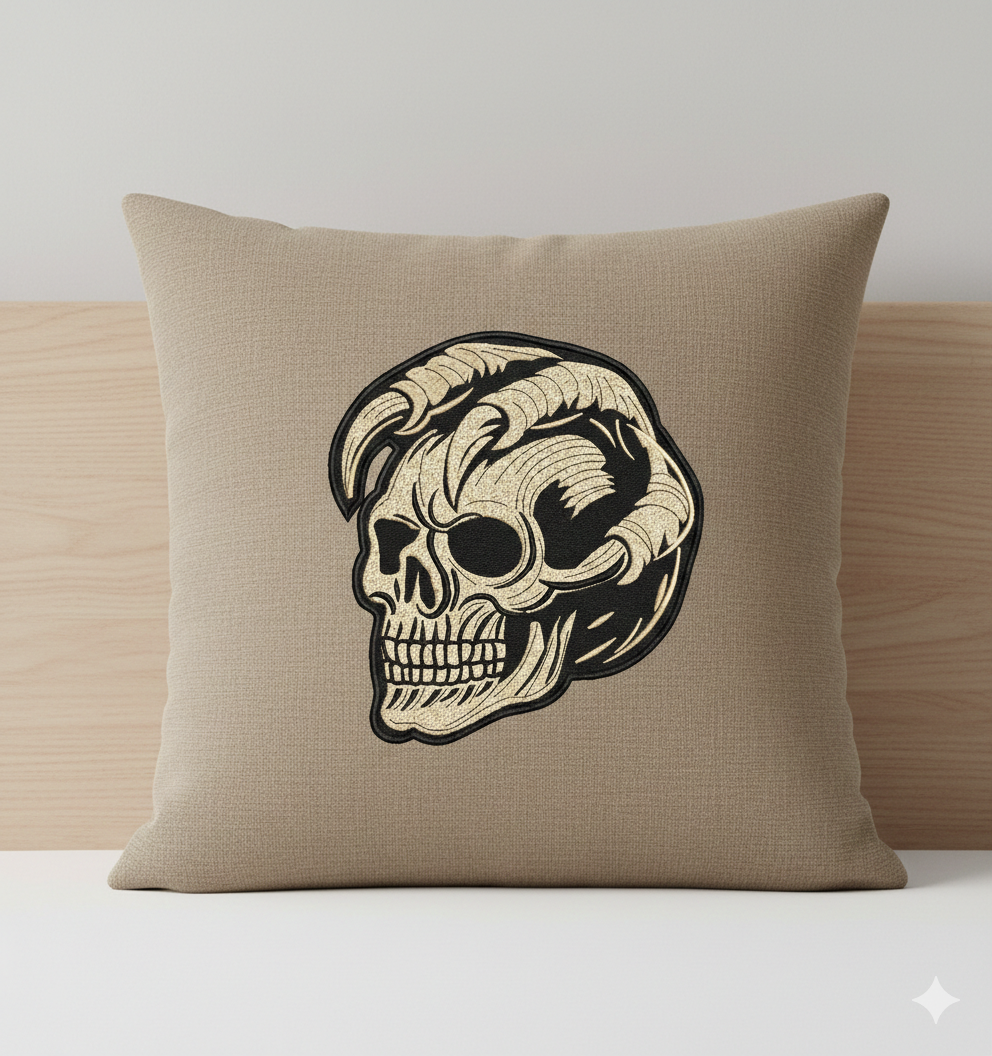 Horned Demon Skull Machine Embroidery Design, Gothic Biker Digital File