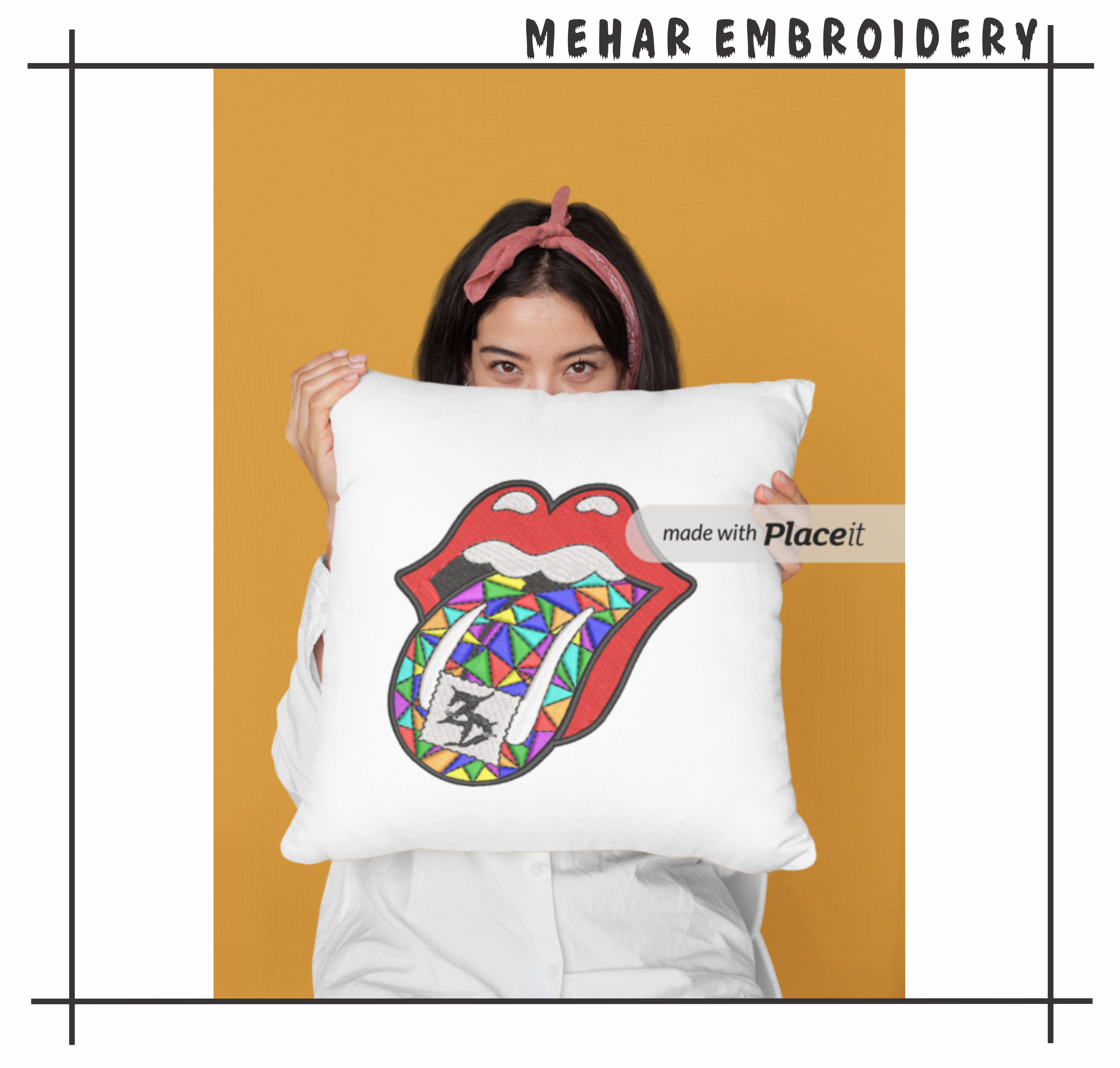 Rock Lips Embroidery Design, Colorful Geometric Tongue Art, 8 Formats Instant Download