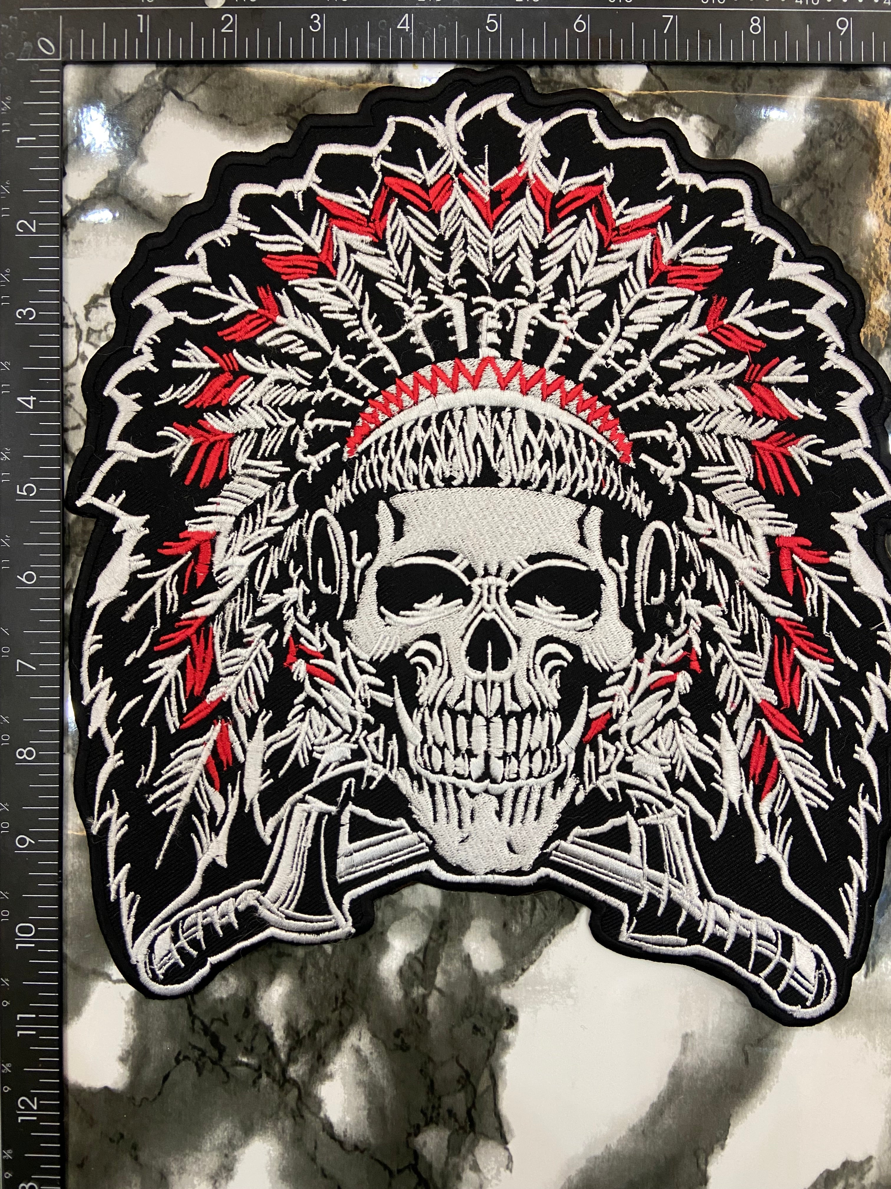 Native American Skull Headdress Large Back Patch – Tribal Warrior Biker Applique