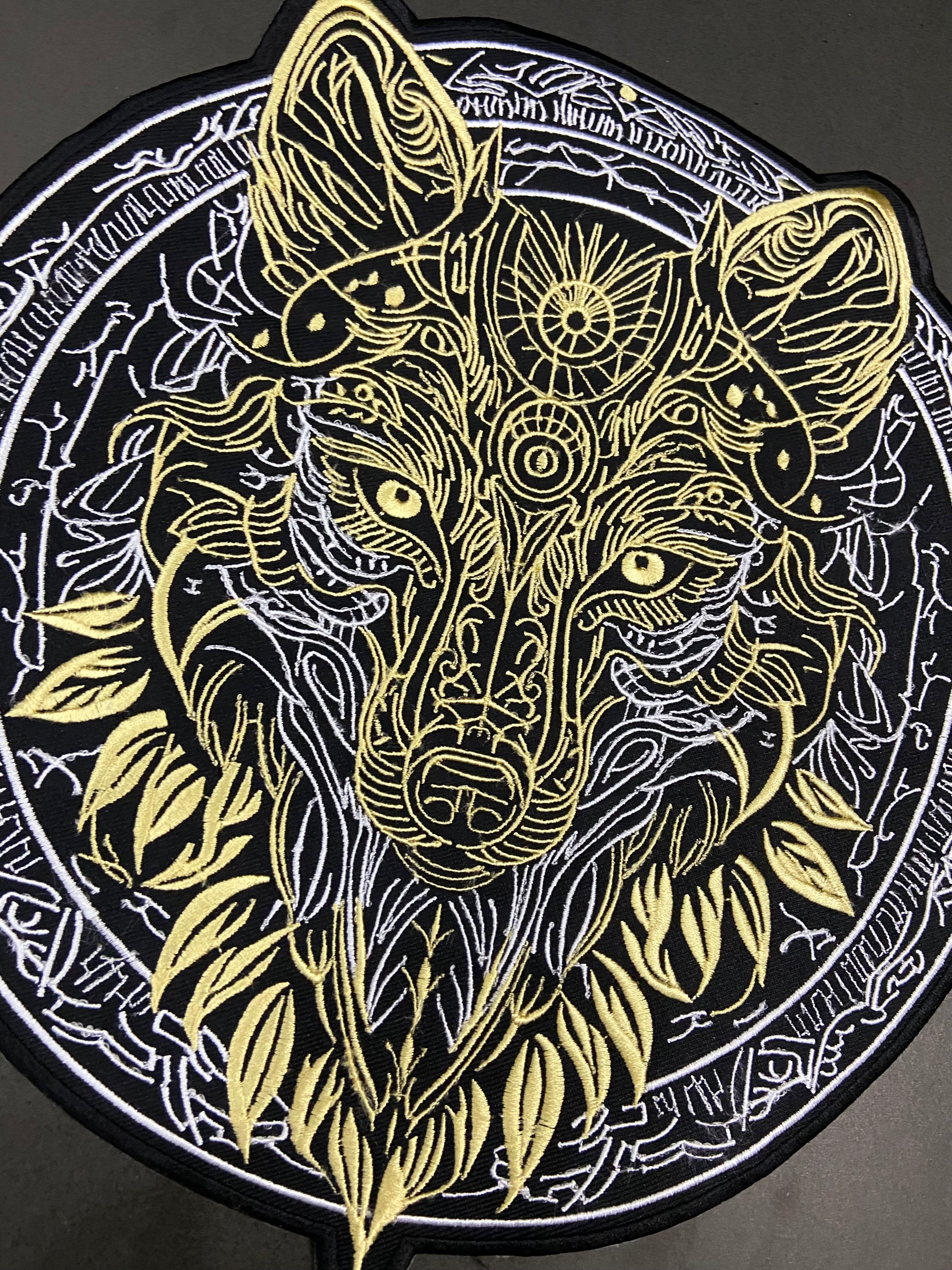 Golden & Grey Wolf Large Back Patch | Antique Style Biker & Sigil Emblem