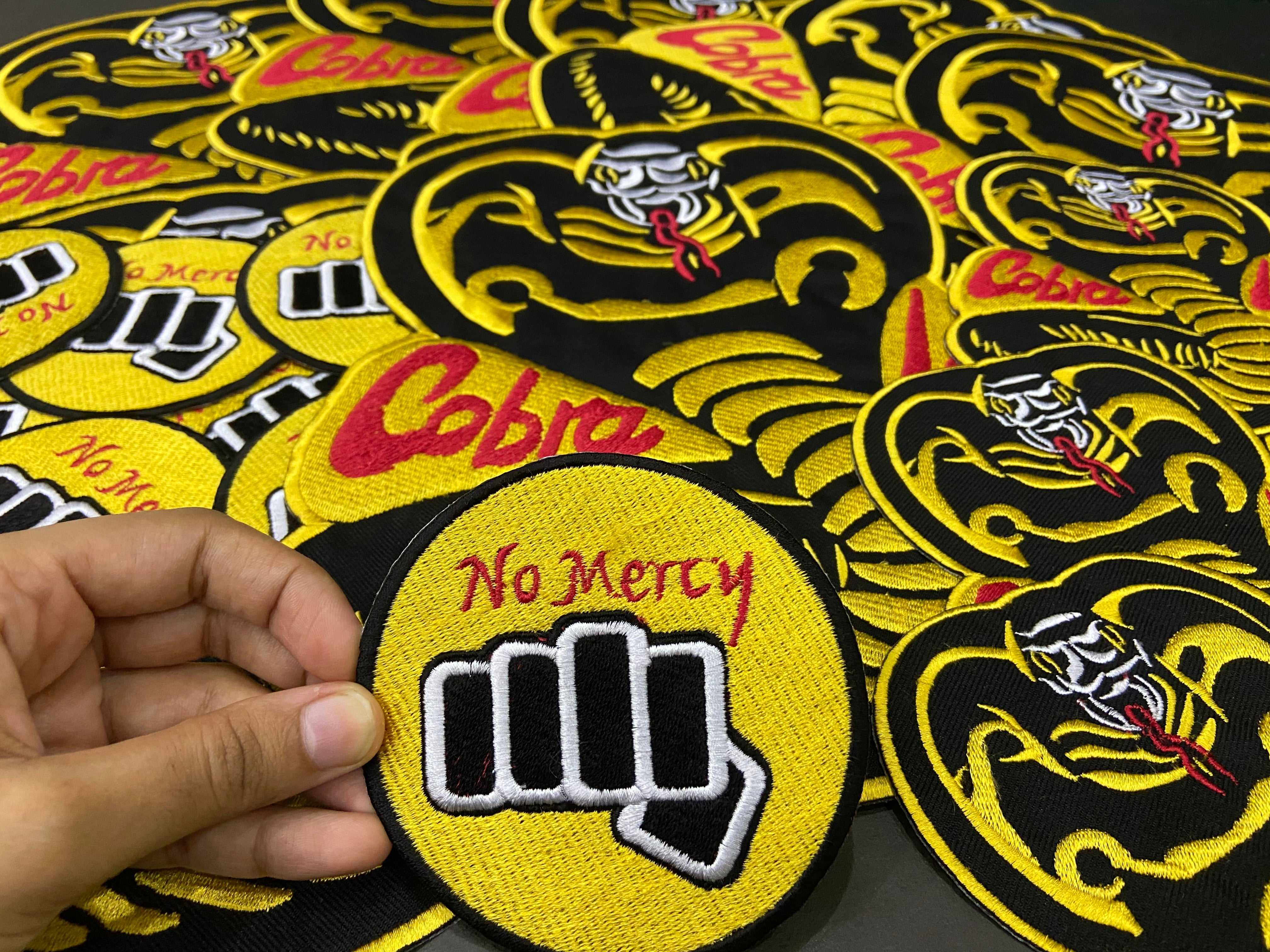 Cobra Kai Karate Kid Patches – Strike Hard No Mercy – Pick Your Size