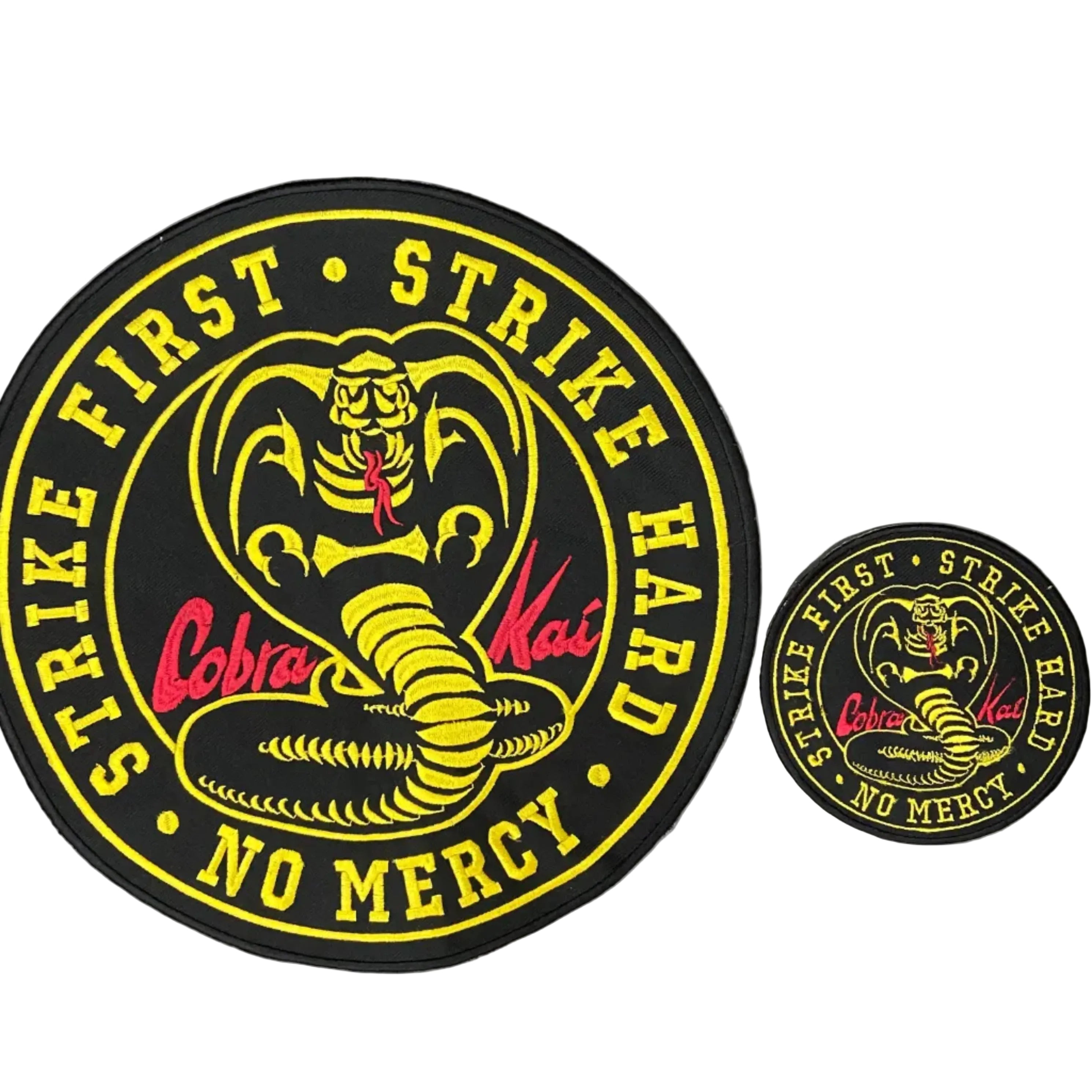 Cobra Kai Karate Motto Patch – Strike First Strike Hard No Mercy – Large Embroidered Applique
