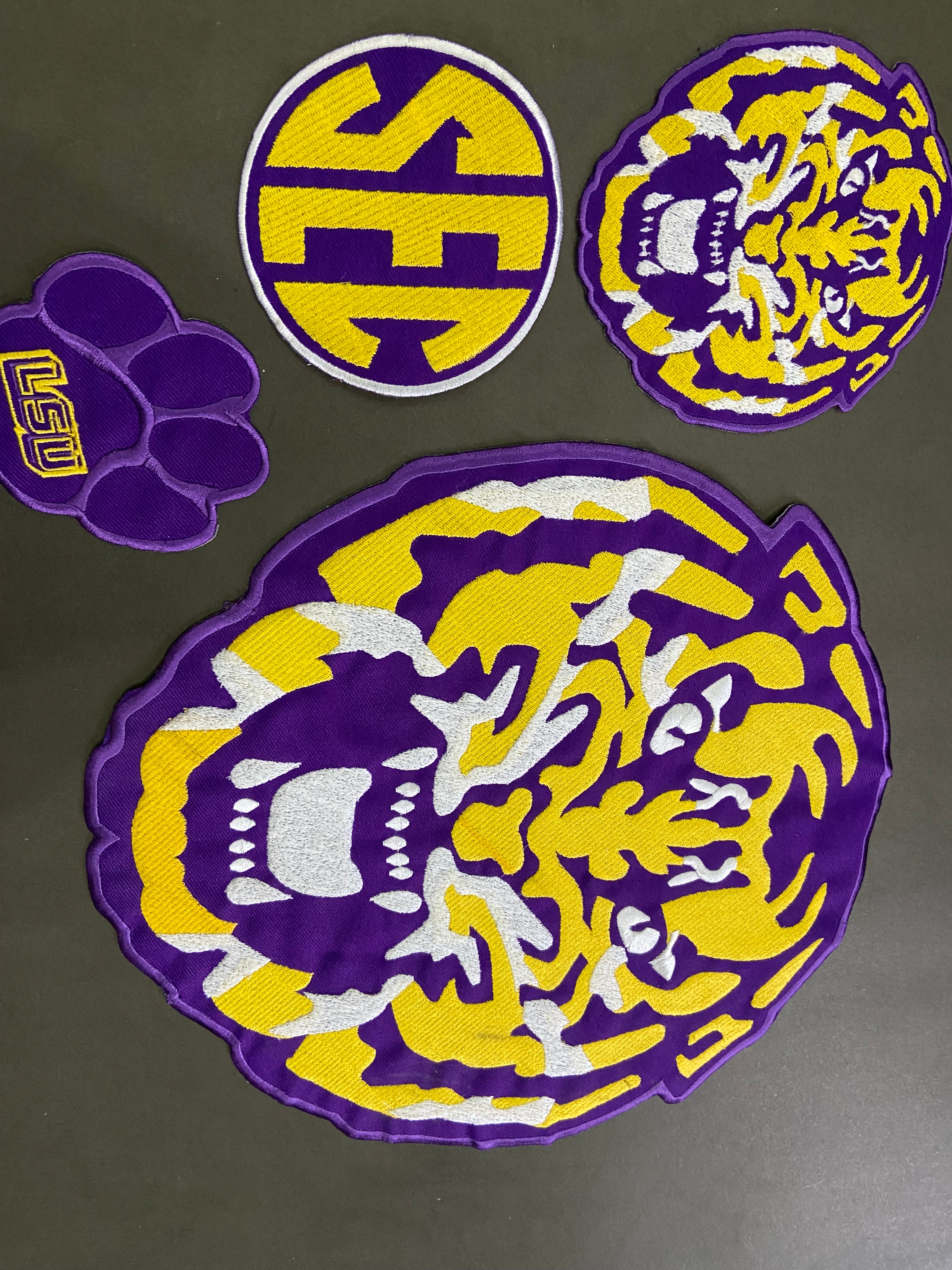 LSU Tigers Purple and Gold Patch Collection | Large Back Patch, Mini Tiger, Tiger Paw Print, Metallic Gold SEC Patch | Iron On Sew On