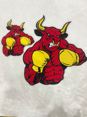 Boxing Bull Embroidery Patch: Red Bull with Yellow Gloves - Iron-On Applique