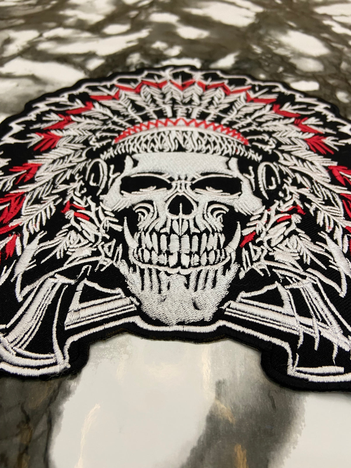 Native American Skull Headdress Large Back Patch – Tribal Warrior Biker Applique