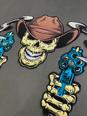 Outlaw Cowboy Skull Back Patch | Double Revolvers & Smoking Barrels | 12-Inch Custom Biker Vest Set