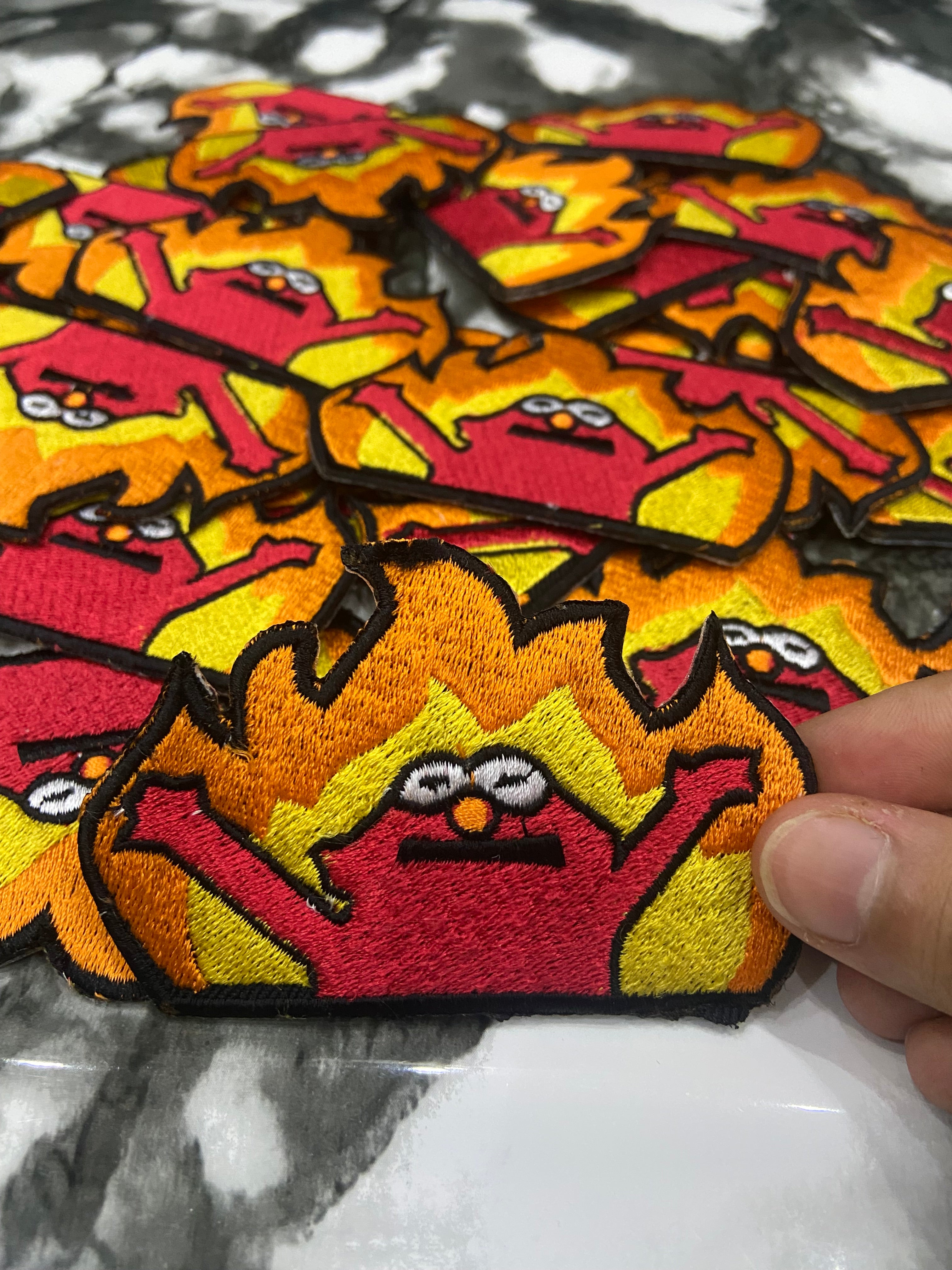 Elmo Flame Meme Embroidered Patch | Hellmo Rise Iron-On Patch | Funny Pop Culture Meme Badge for Jackets & Backpacks