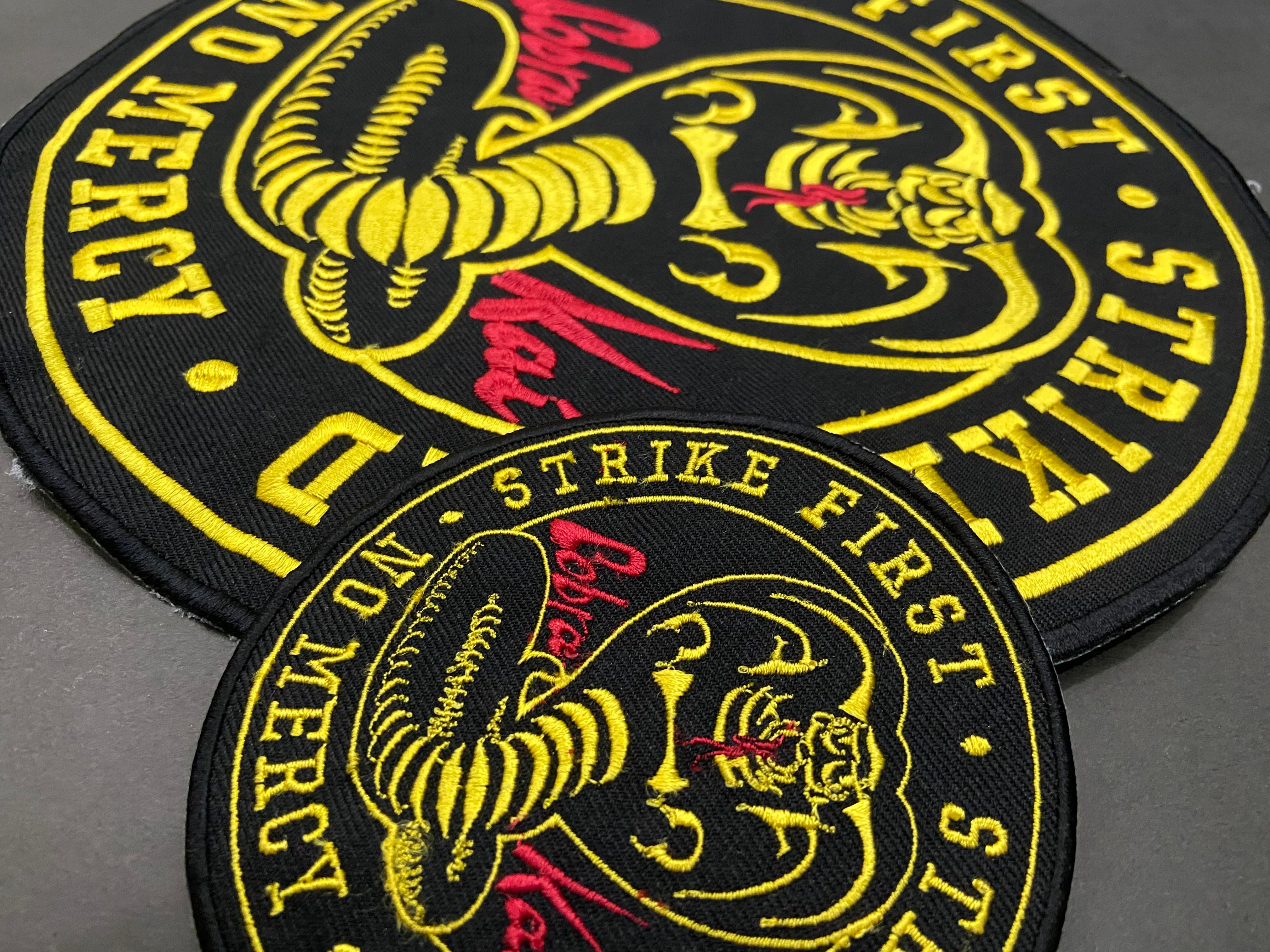 Cobra Kai Karate Motto Patch – Strike First Strike Hard No Mercy – Large Embroidered Applique