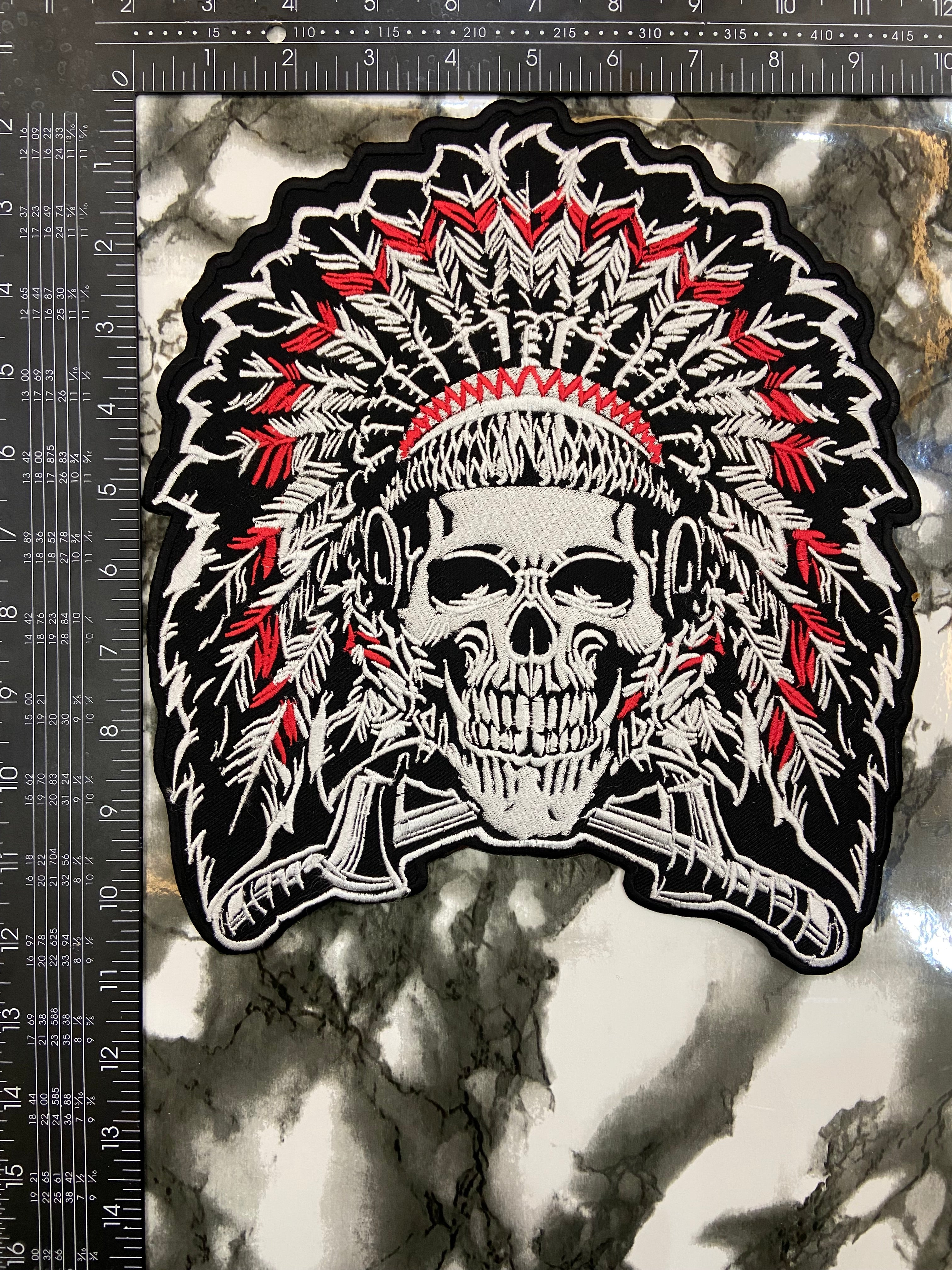 Native American Skull Headdress Large Back Patch – Tribal Warrior Biker Applique
