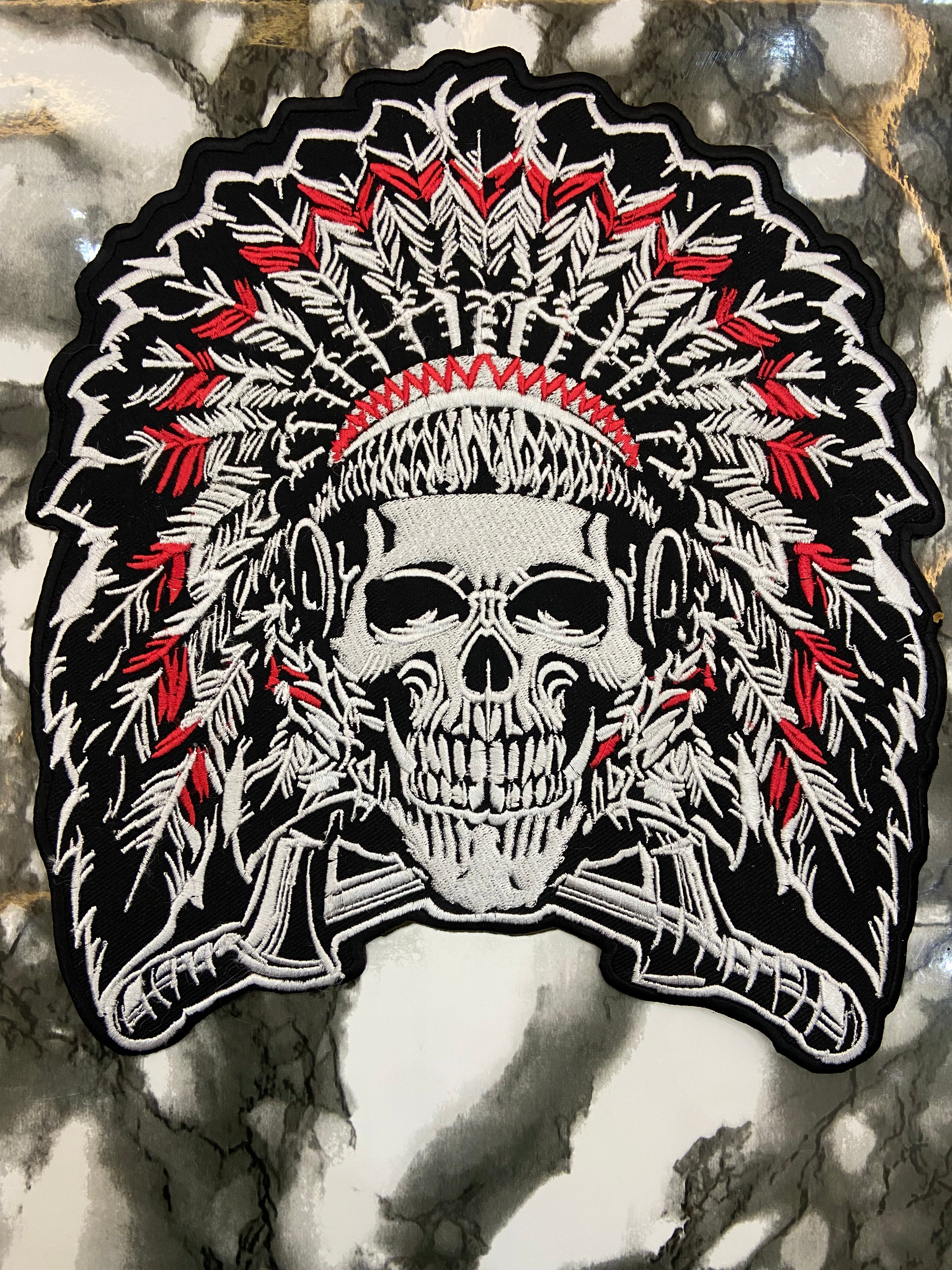 Native American Skull Headdress Large Back Patch – Tribal Warrior Biker Applique