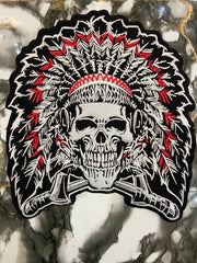 Native American Skull Headdress Large Back Patch – Tribal Warrior Biker Applique