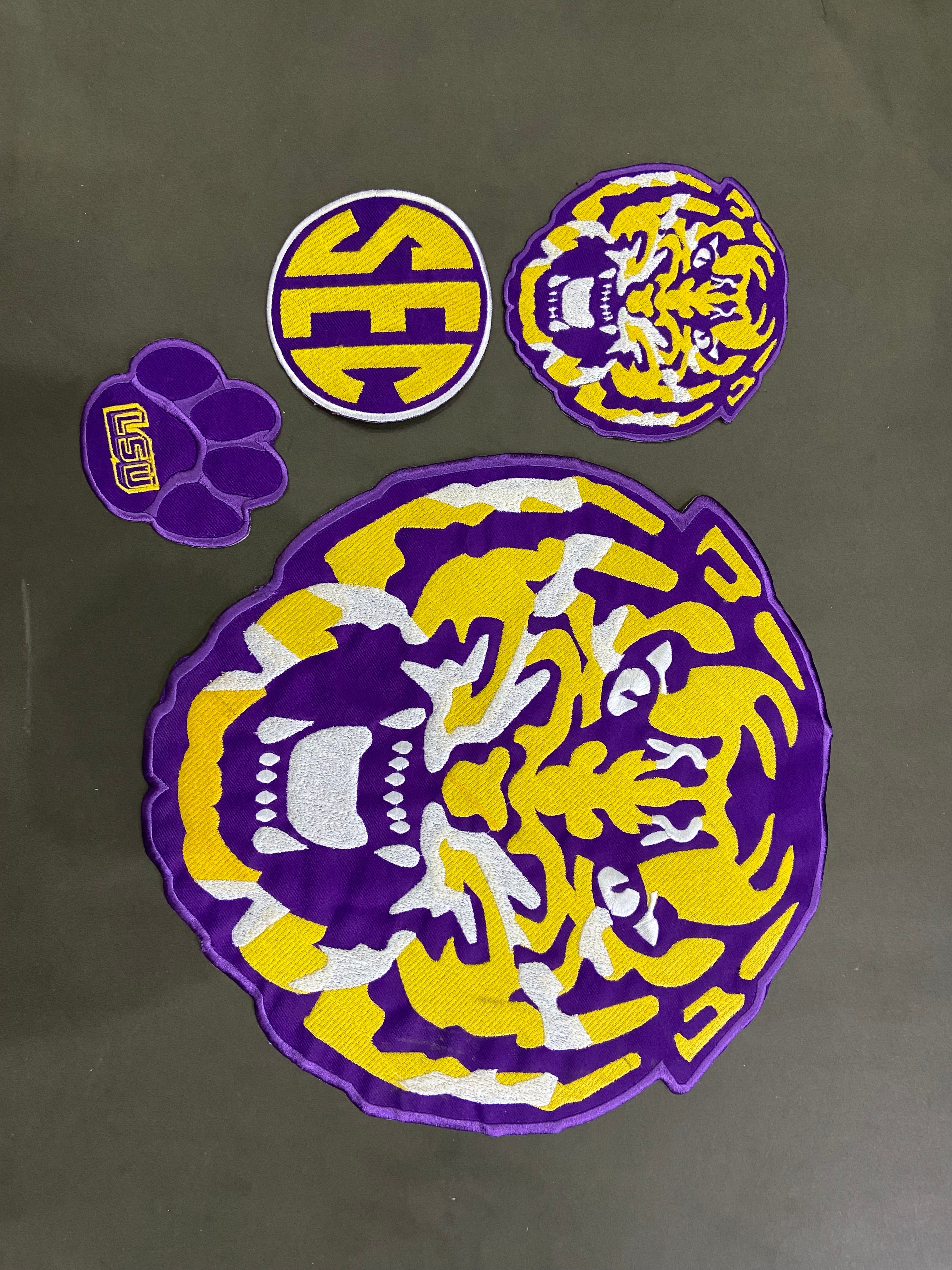 LSU Tigers Purple and Gold Patch Collection | Large Back Patch, Mini Tiger, Tiger Paw Print, Metallic Gold SEC Patch | Iron On Sew On