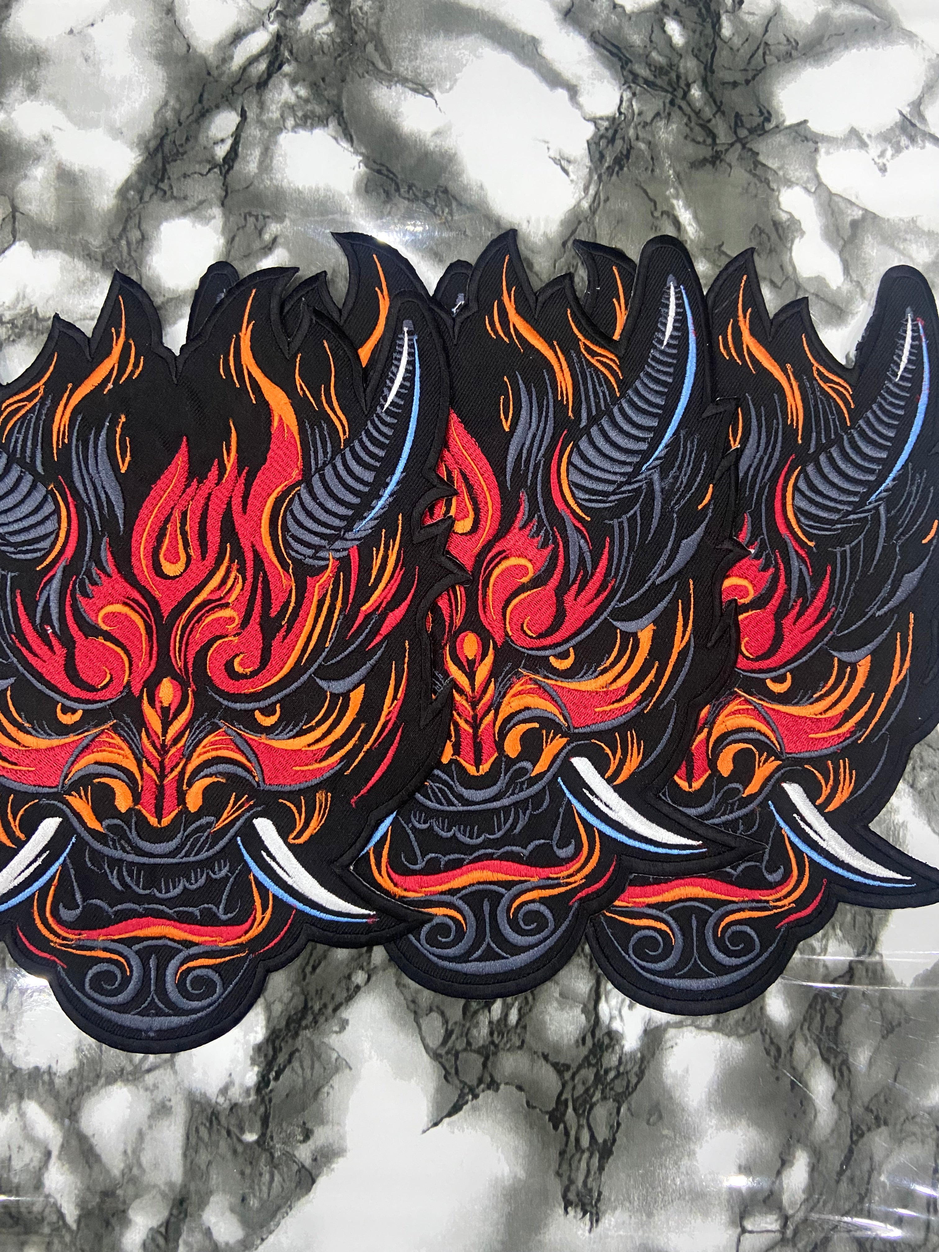 Cyberpunk Oni Fire Large Back Patch – Futuristic Streetwear Applique