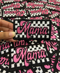 Retro Pink "Mama" Checkered Embroidered Patch – Trendy Trucker Hat Applique