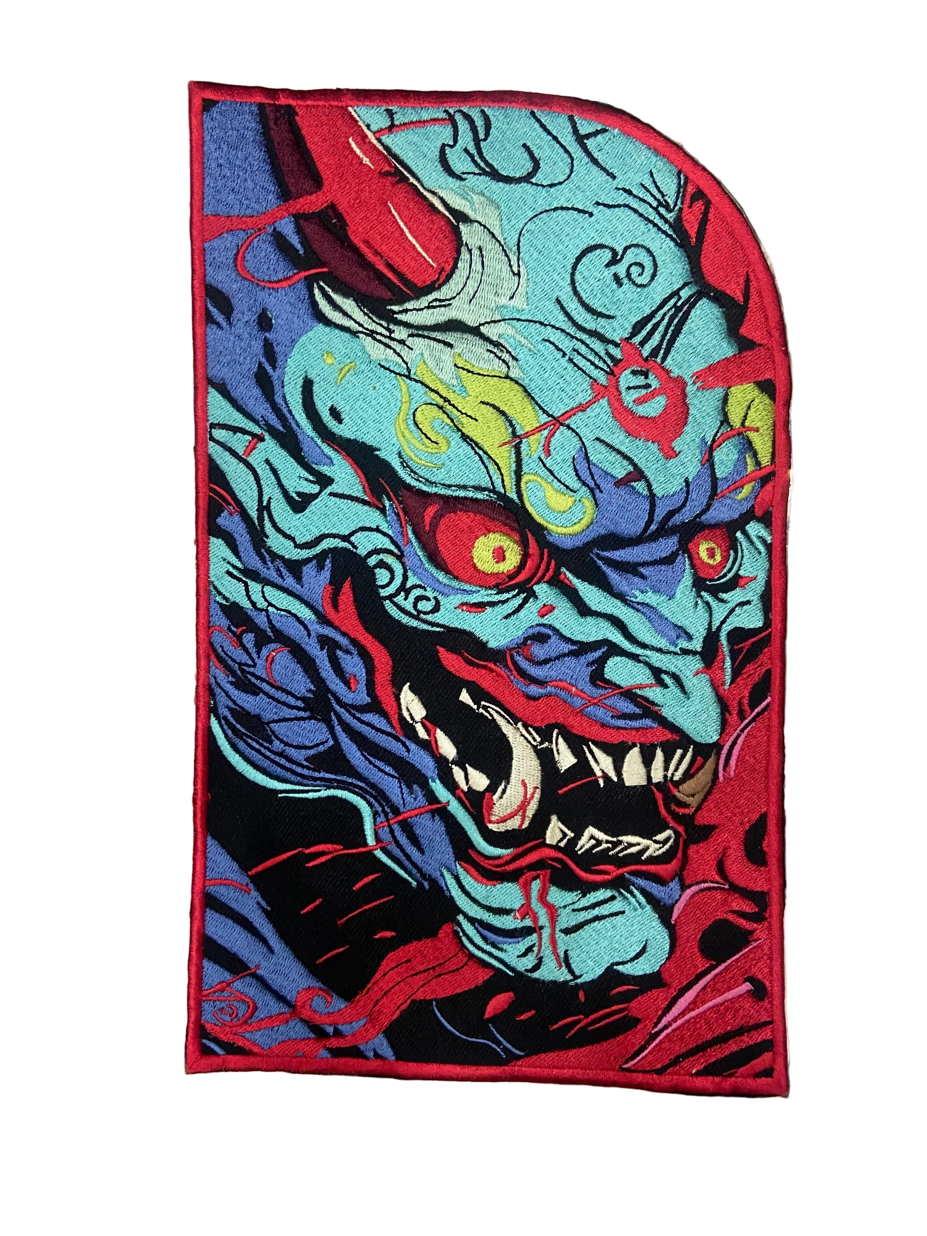 Japenese oni mask, ogre styled kensuke art embroidered back patch for biker jackets and vests