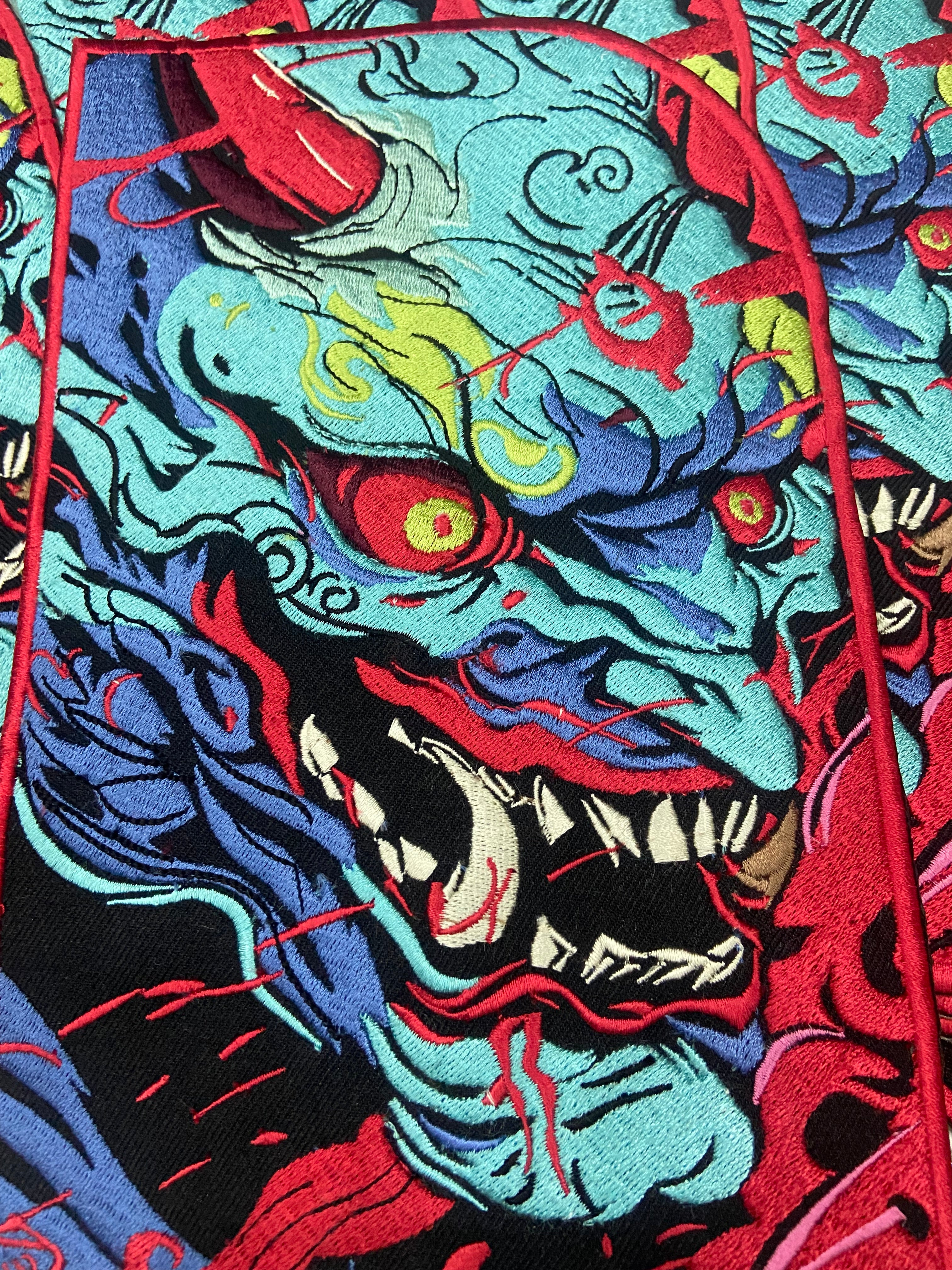 Japenese oni mask, ogre styled kensuke art embroidered back patch for biker jackets and vests