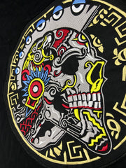 Warrior Skull Patch | 12 Inch Aztec Calavera Embroidery | Tribal & Folk Art Applique
