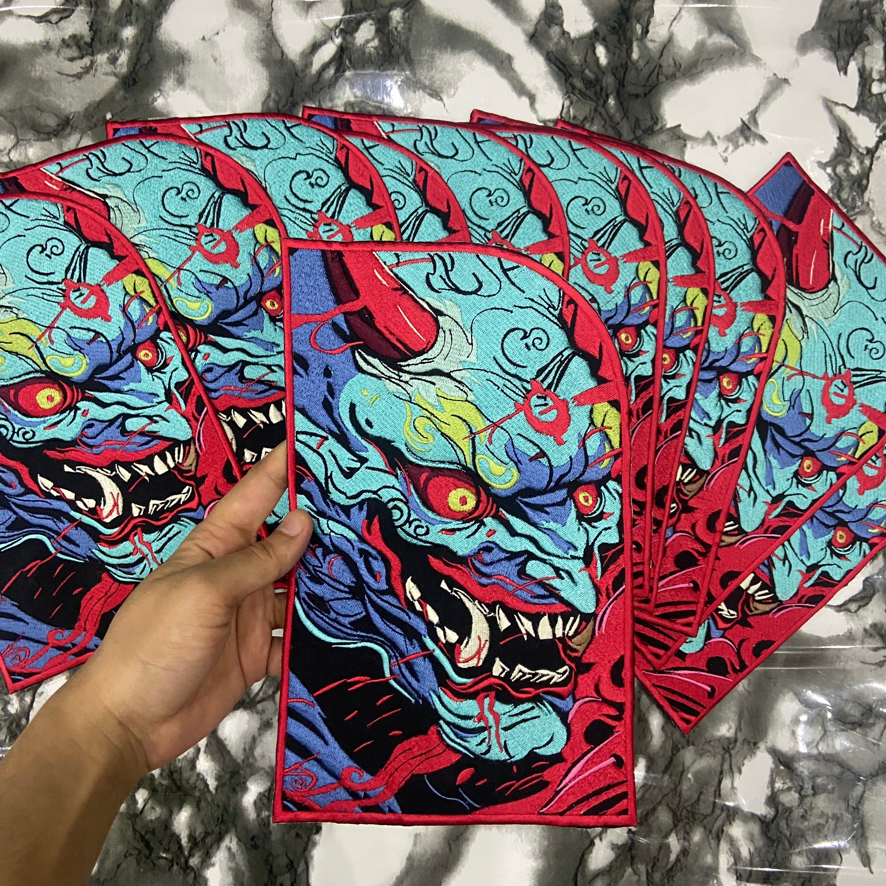 Japenese oni mask, ogre styled kensuke art embroidered back patch for biker jackets and vests